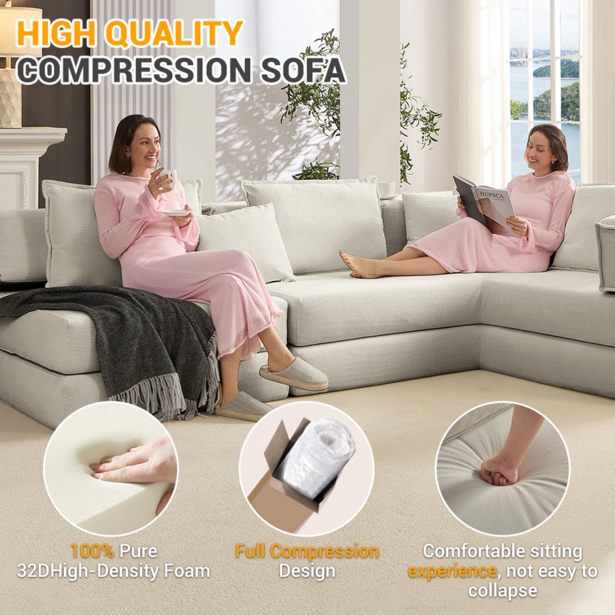 Oversized Upholstered Sectional Sofa Couch Set, Modular 118.2 ' L Shaped Floor Living Room Sofa Set With 6 Pillows, DIY Combination Sofa Couch for living rooms, apartments,bedrooms, Light Grey