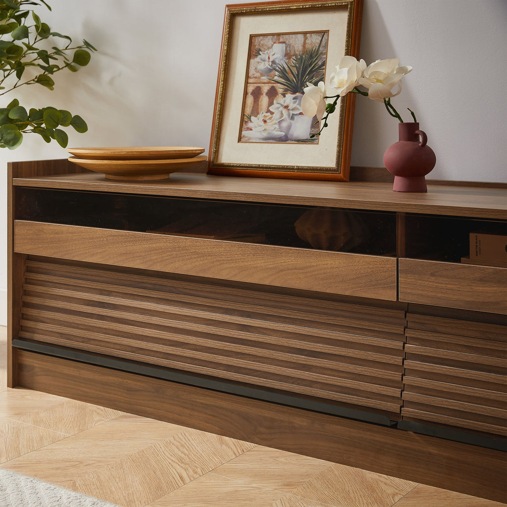 Mirod Modern TV Stand with Ample Storage,4 Drawer Design with Tempered Glass ,Built-in Charging Ports and Ambient LED Lighting ,Versatile for Any Decor Style