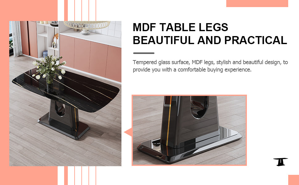 A modern, minimalist, and luxurious table. A black imitation marble tabletop with MDF U-shaped legs. Dining table, computer table. For restaurants and living rooms 63' * 35.4'* 30' F-U