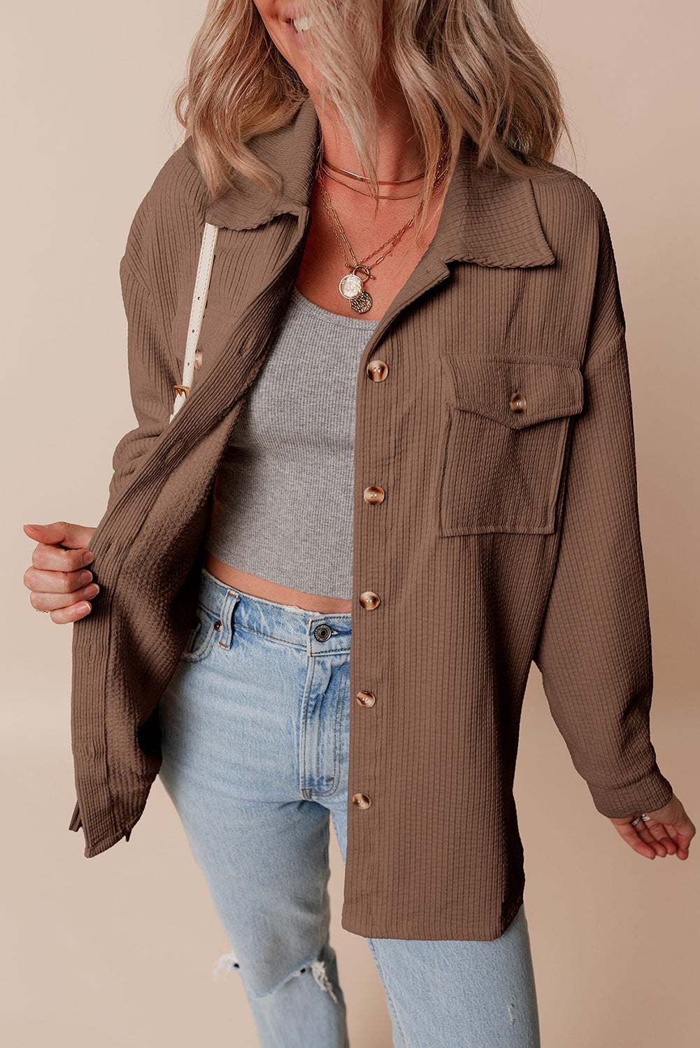 Solid Corduroy Button-Up Pocketed Shacket