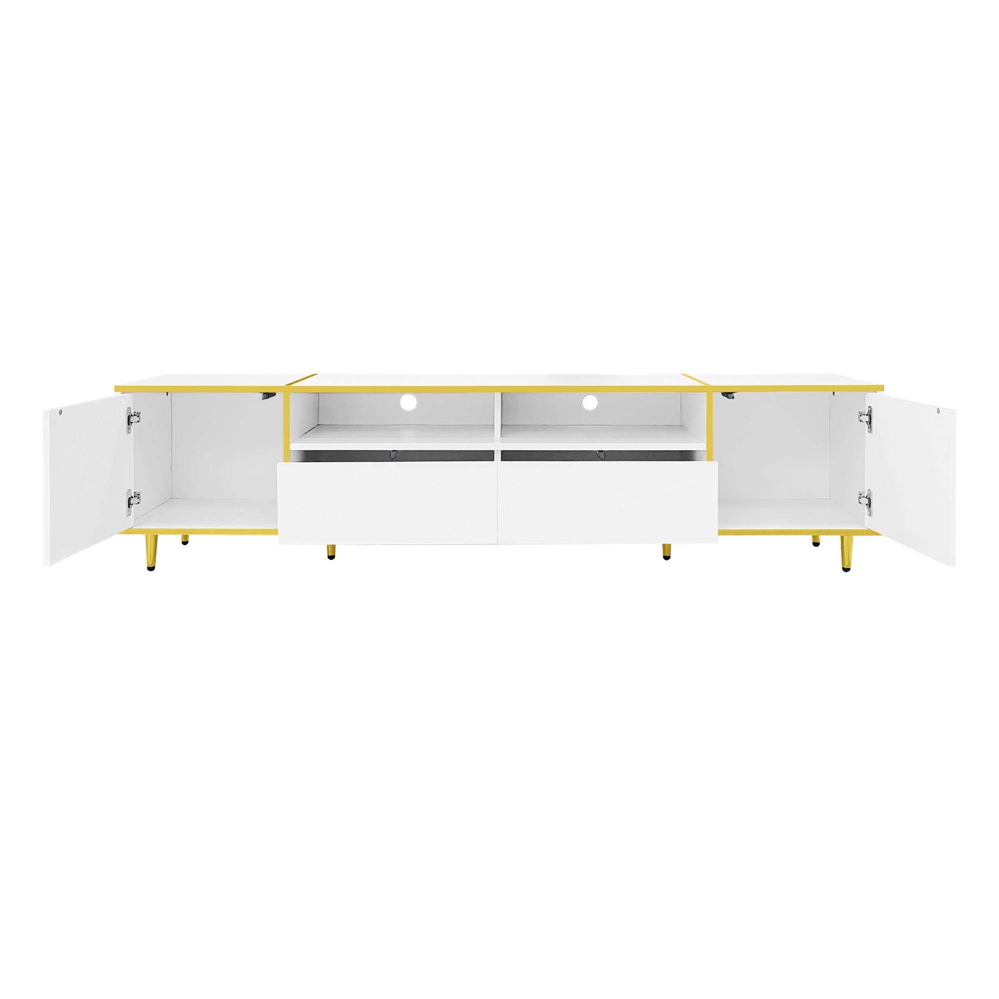 U-Can 70.9'' Modern TV Stand for TVs up to 80 Inches, Entertainment Center with 2 Shelves and LED Lights, TV Storage Cabinet with 2 Drawers, 2 Cabinets and Metal Legs for Living room