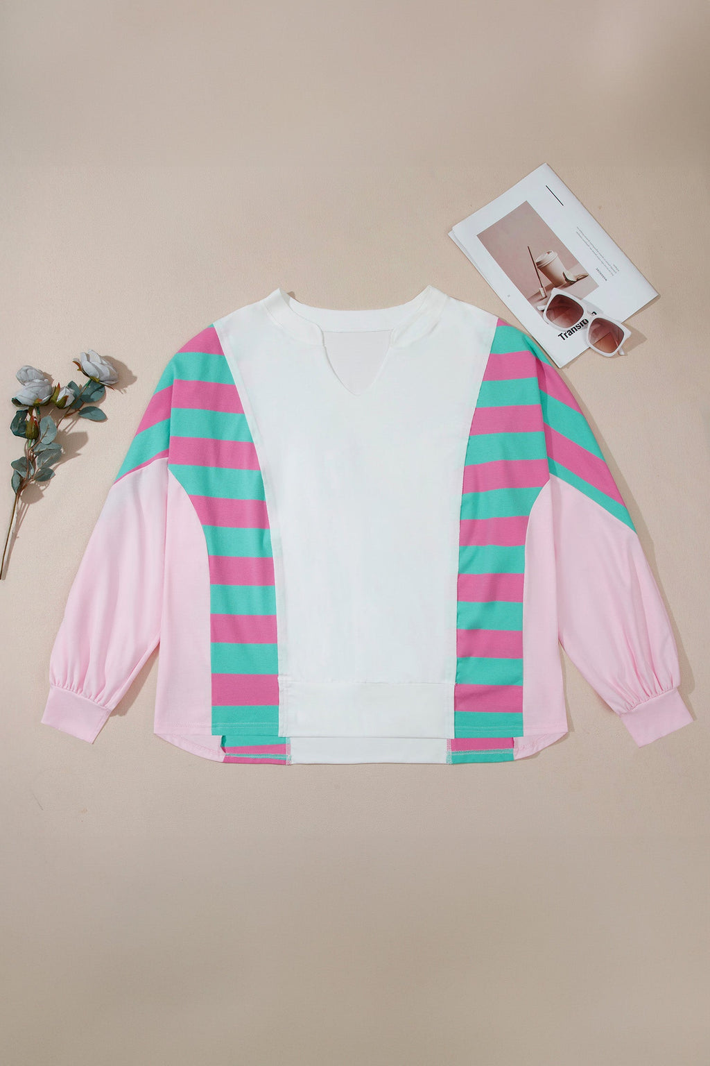 Plus Size Stripe Colorblock V-Neck Long Sleeve Blouse