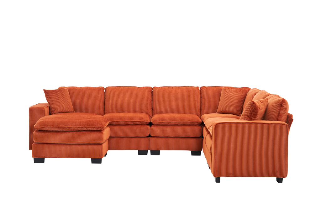 Modern U Shaped 6-seat Sectional Sofa Couch with one Ottoman and three toss pillows ,Modular Sofa for Living Room,Corduroy sofa