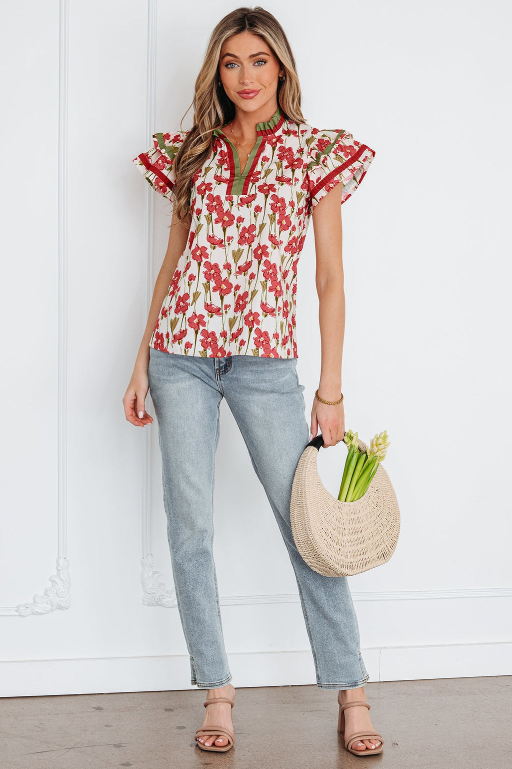 Floral Contrast Trim V-Neck Ruffle Short Sleeve Blouse