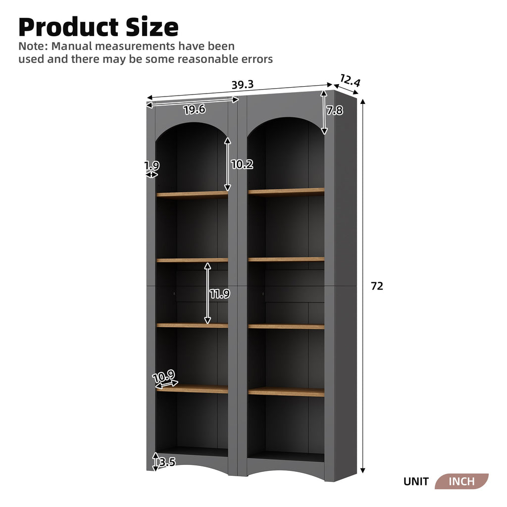 ON-TREND Free Standing 5 Tier Bookshelves, Bookcases Set of 2, Farmhouse Two-Tone Storage Cabinet with Adjustable Shelves, Modern 72'H Kitchen Pantry Cabinet for Living Room, Home Office, Grey