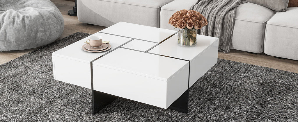 ON-TREND Unique Design Coffee Table with 4 Hidden Storage Compartments, Square Cocktail Table with Extendable Sliding Tabletop, UV High-gloss Design Center Table for Living Room, 31.5'x 31.5'