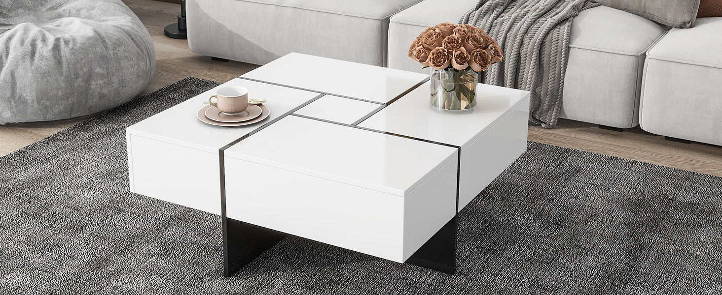 ON-TREND Unique Design Coffee Table with 4 Hidden Storage Compartments, Square Cocktail Table with Extendable Sliding Tabletop, UV High-gloss Design Center Table for Living Room, 31.5'x 31.5'