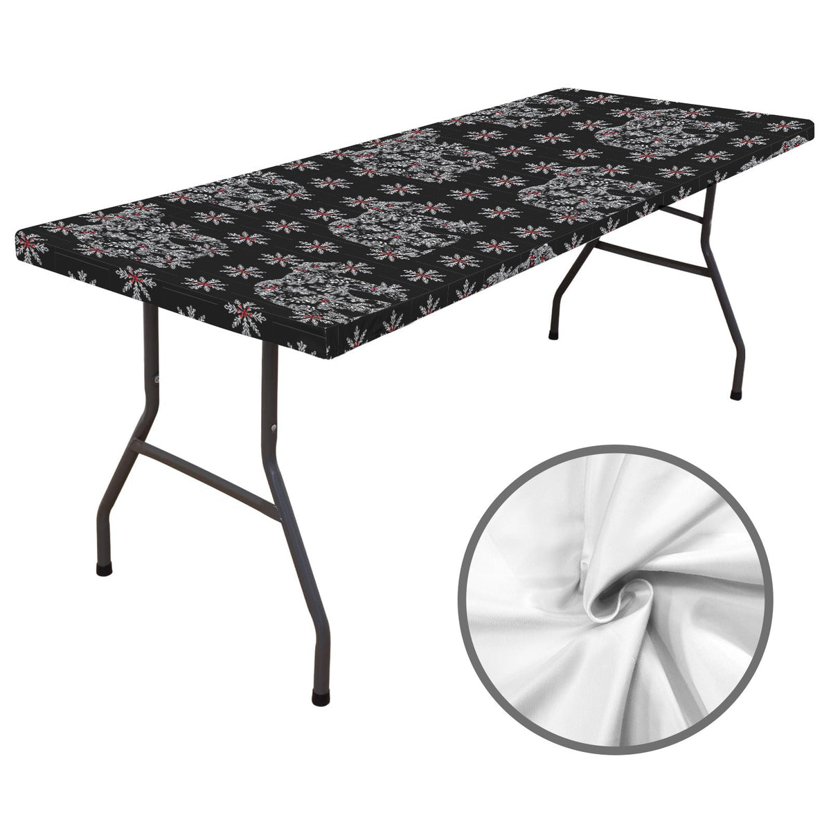 Chinoiserie Christmas Polar Bear Black Elastic Fitted Tablecloth - 72" x 30" (Made in USA)