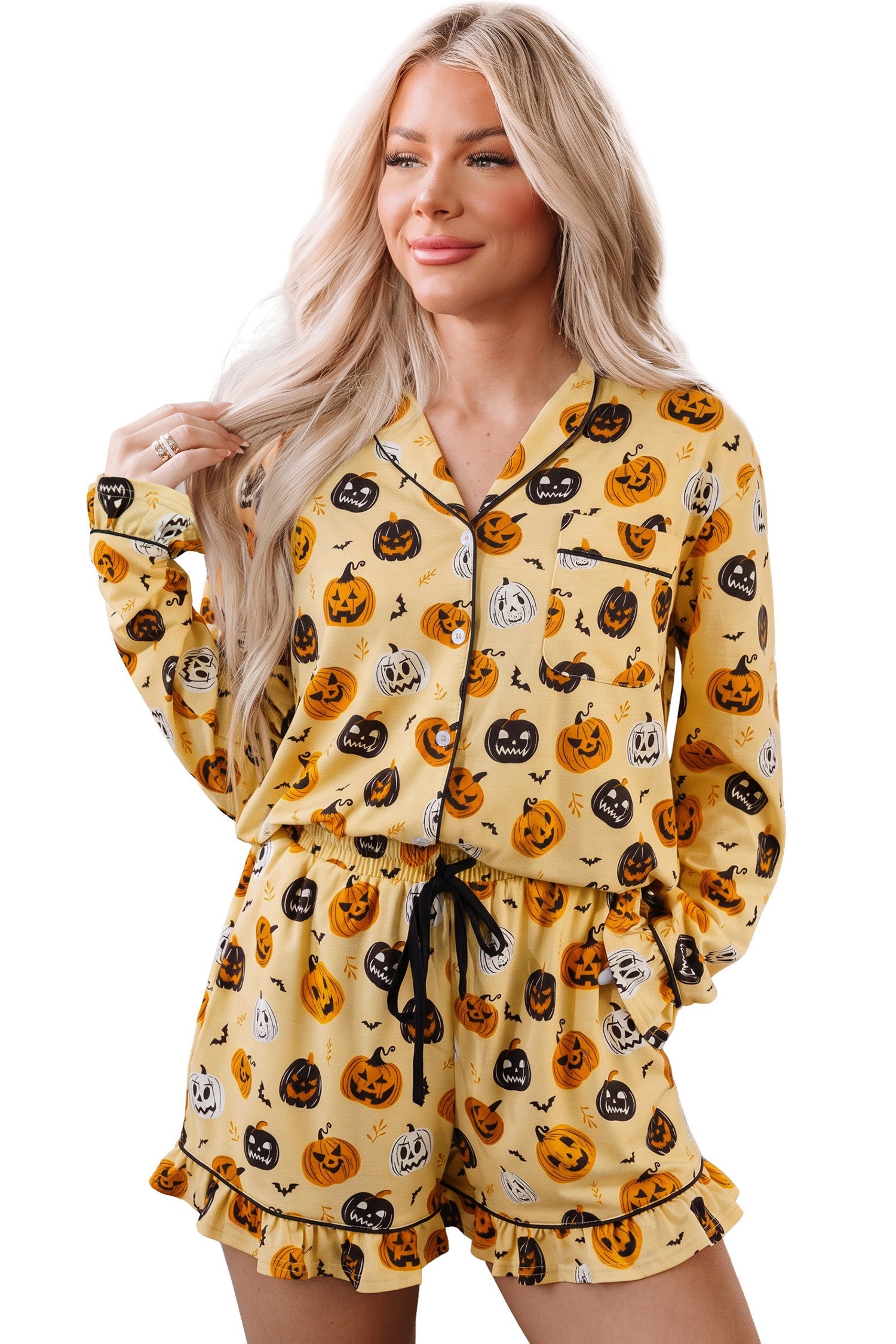 Halloween Jack-O-Lantern Ruffle Top & Shorts Lounge Set