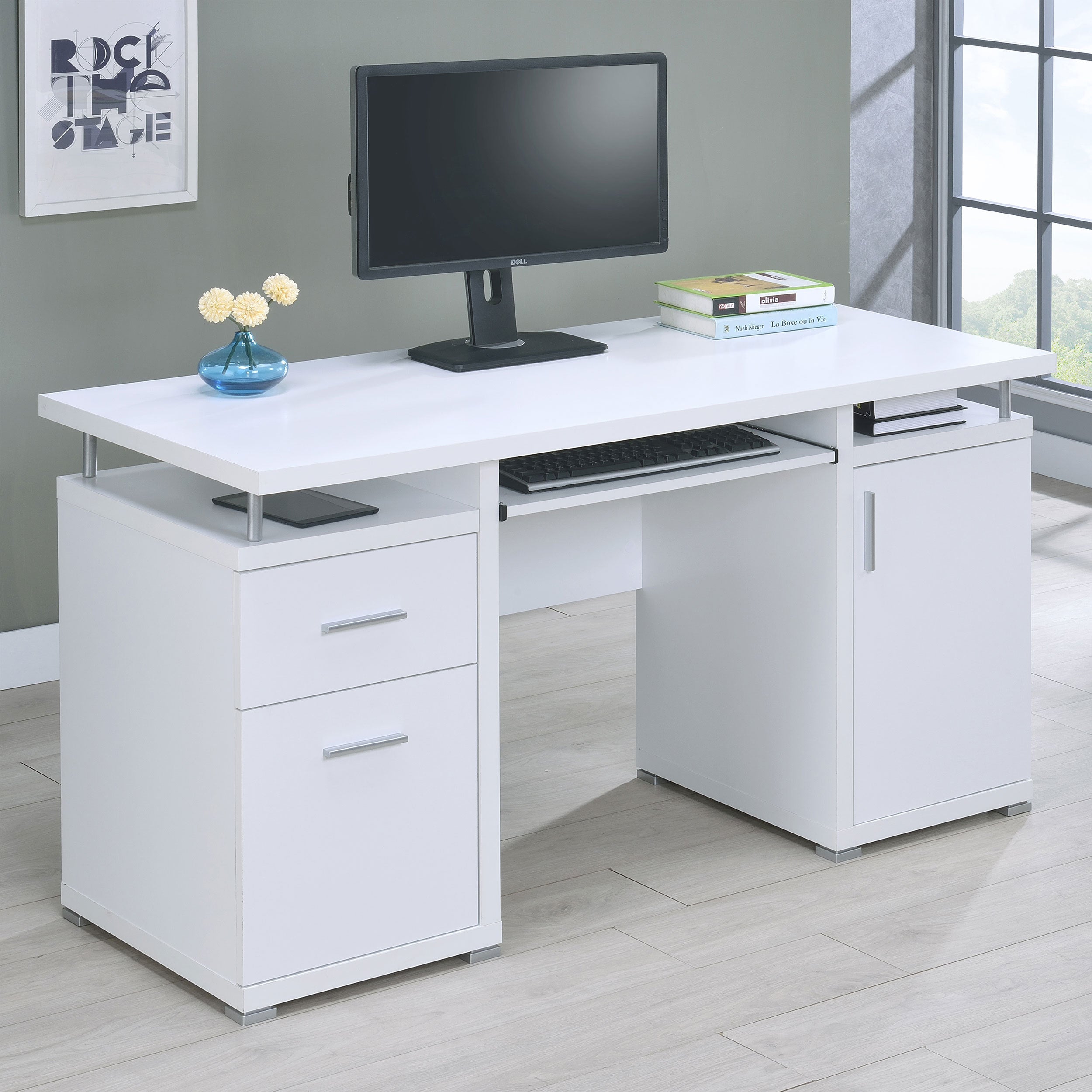 Rochelle White Computer Desk with 2 Drawers and Cabinet
