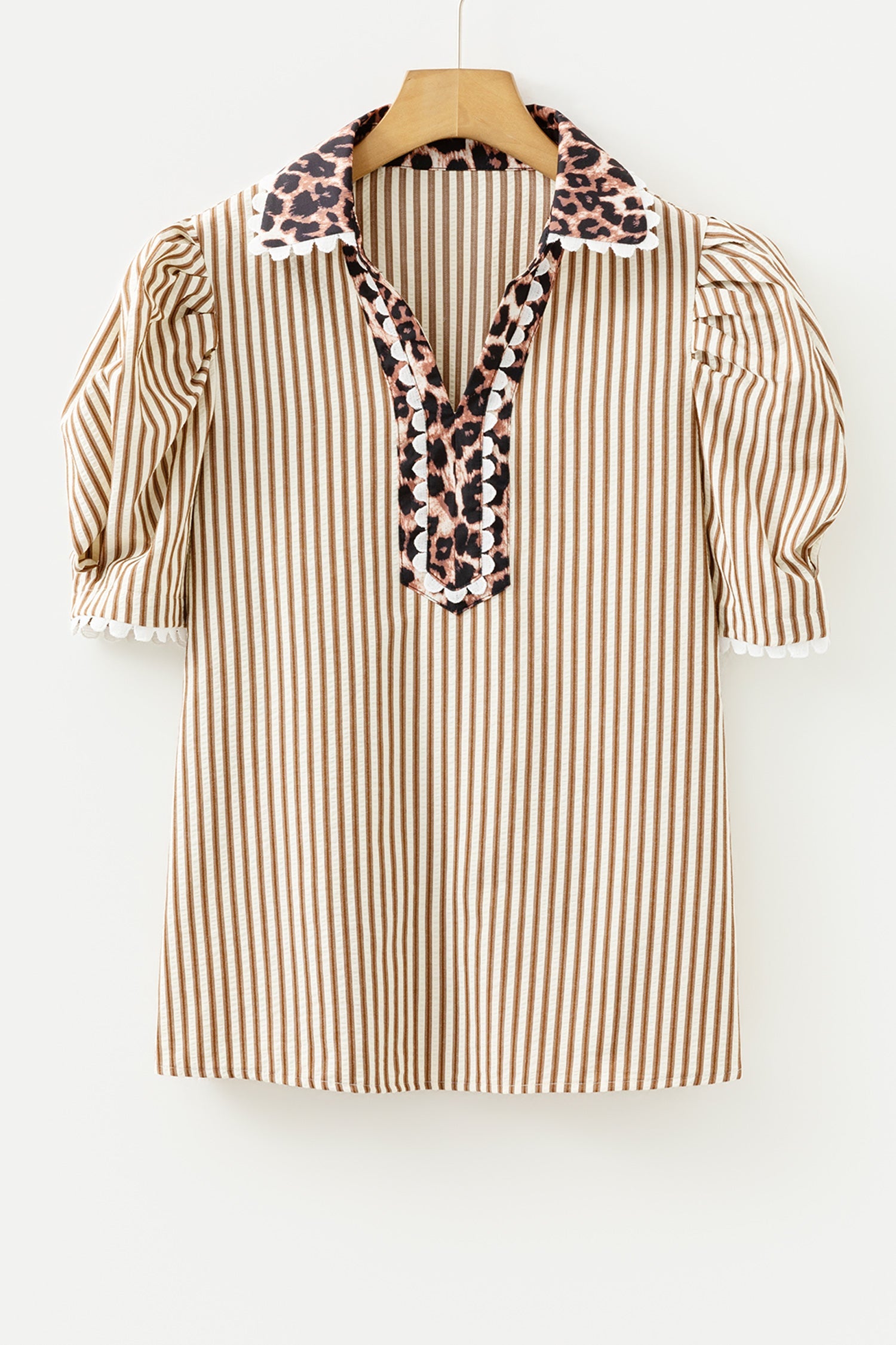 Leopard Patchwork Collared V-Neck Puff Sleeve Blouse
