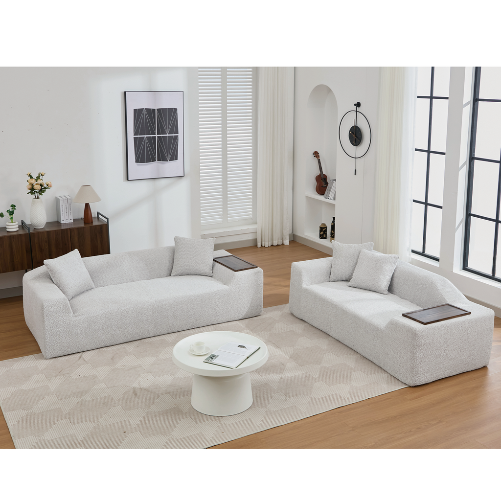 [NEW ARRIVED] [VIDEO PROVIDED]2 Piece Boucle Cloud Sofa Set, Upholstered Sofa Set, Modern 3 Seater and 2 Seater Sofa  with MDF End Table for Living Room ,Apartment,3+2 couch,Boucle, Light Gray