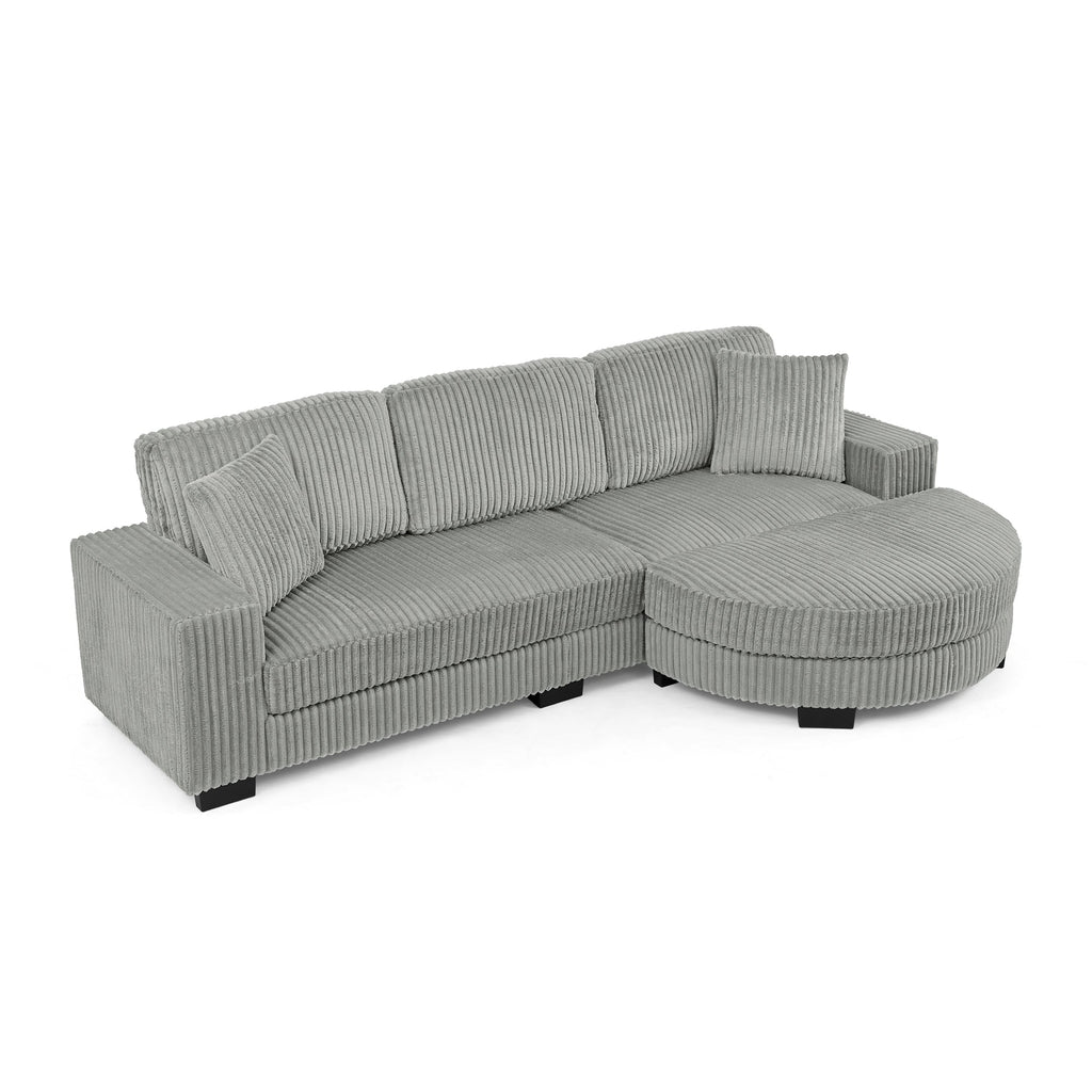 Corduroy Tufted Upholstered Sleeper Sectional Sofa, L-Shaped Modular Convertible Sofa , The arc-shaped footstool can be placed freely on the left and right-Gray