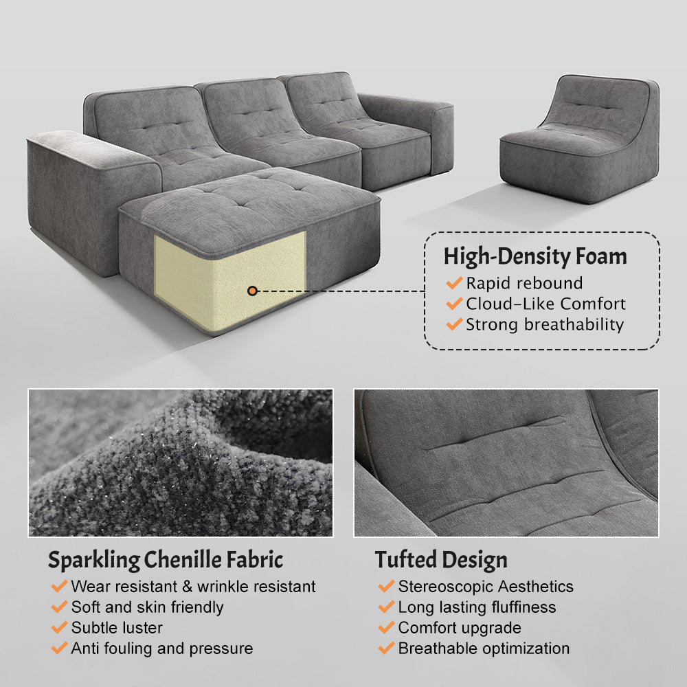 143.7' Modular Sectional Sofa Set with Removable Ottoman,Tufted Design, Deep Seat Couch, Chaise & Accent Chair,Modern DIY Sparkling Chenille Sofa for Living Room, Apartment, Office