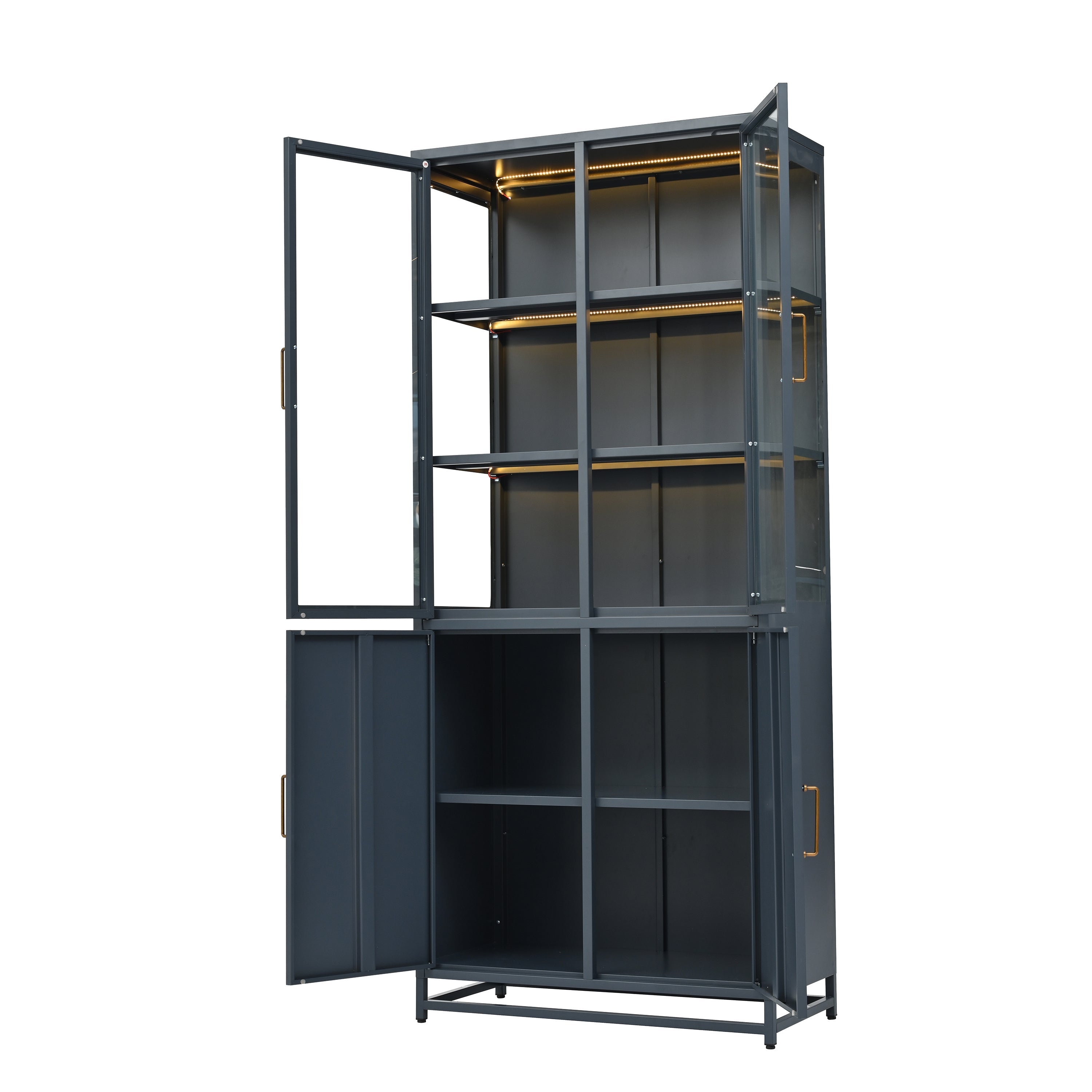 Modern Style 76.75'' Tall Steel Display Cabinet with Double Glass Doors, LED Lights, 3-Sided Glass for Collectibles - Dark Blue