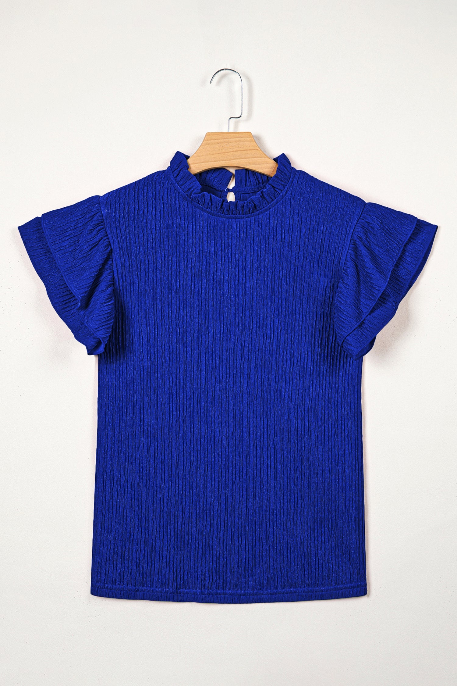 Solid Textured Ruffle Trim Short Sleeve Blouse