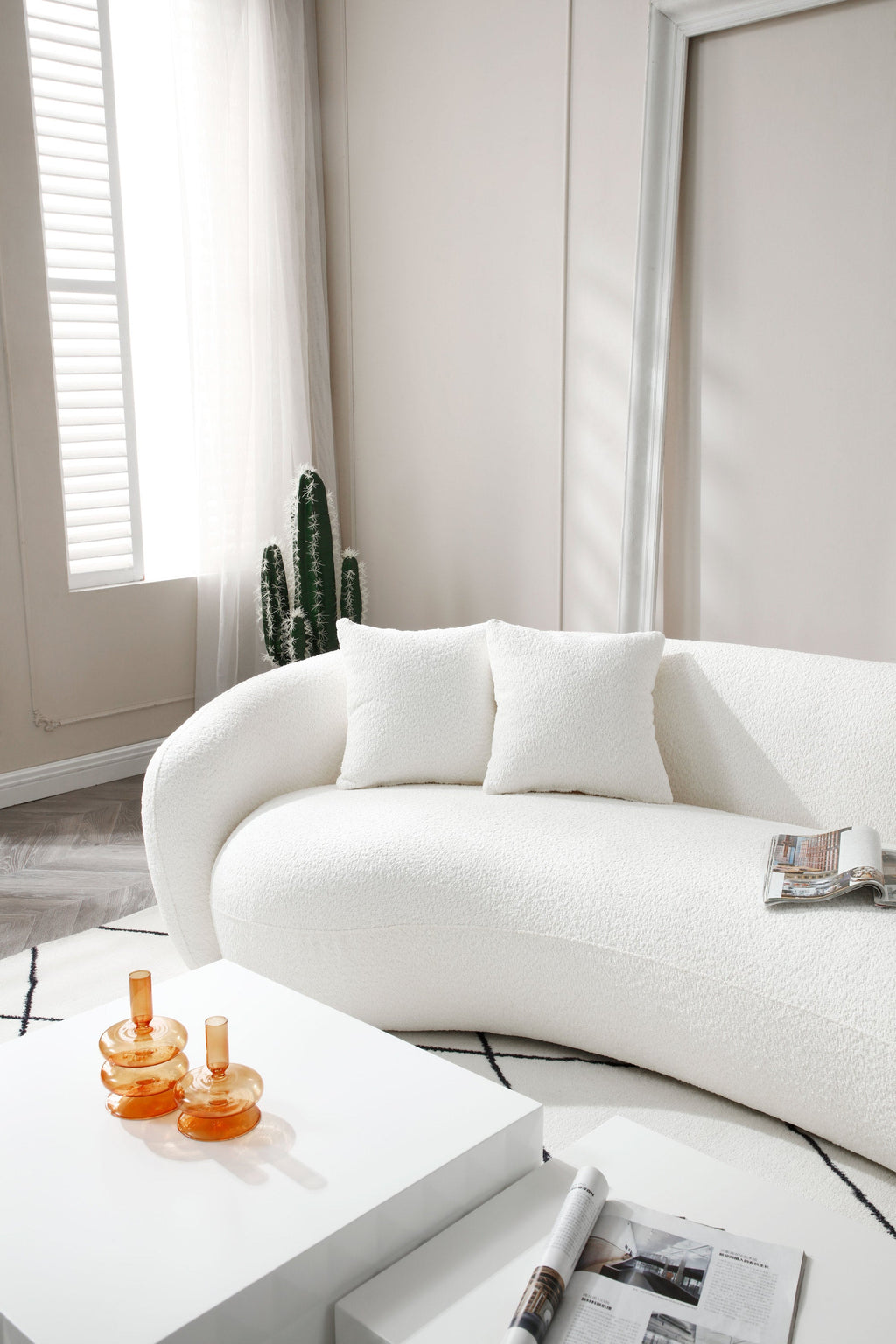 102'' 5-Seater Boucle Sofa Modern Sectional Half Moon Leisure Couch Curved Sofa Teddy Fleece Velet  WHITE