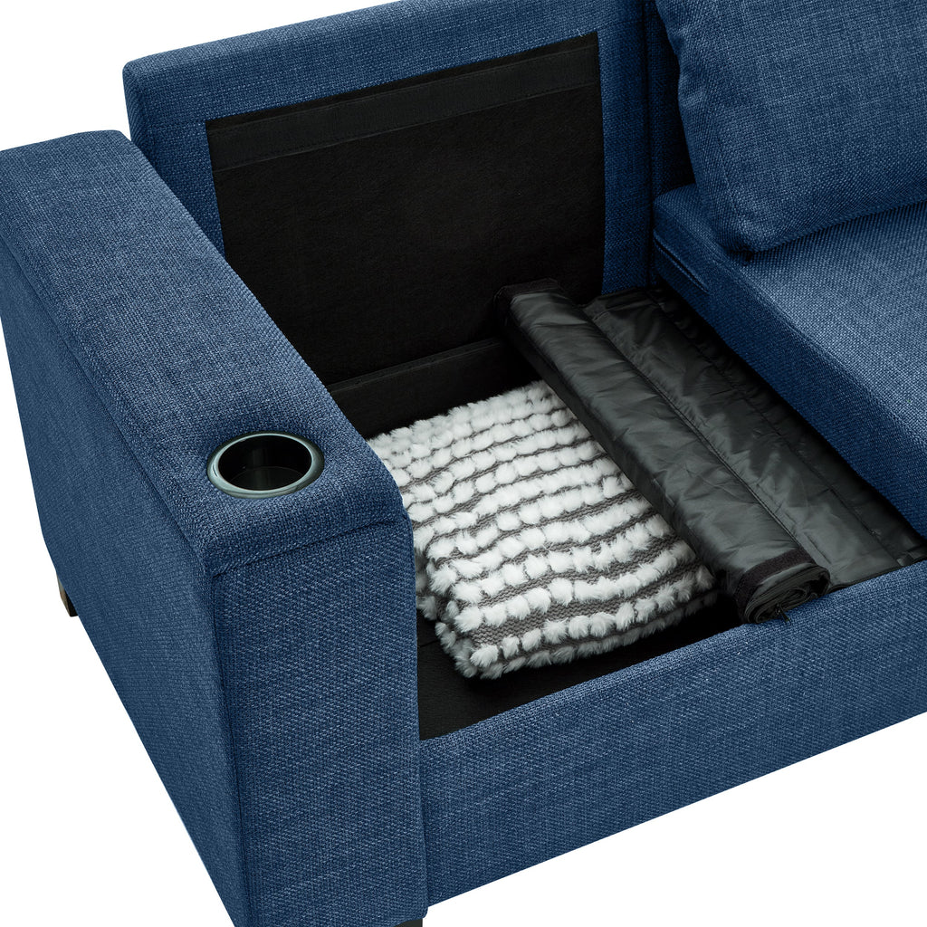 93.7' Modern Style Living Room Sofa Fabric Couch,Square Arm Sofa with Cup Holder,Storage Sofa,Upholstered Polyester Blue.