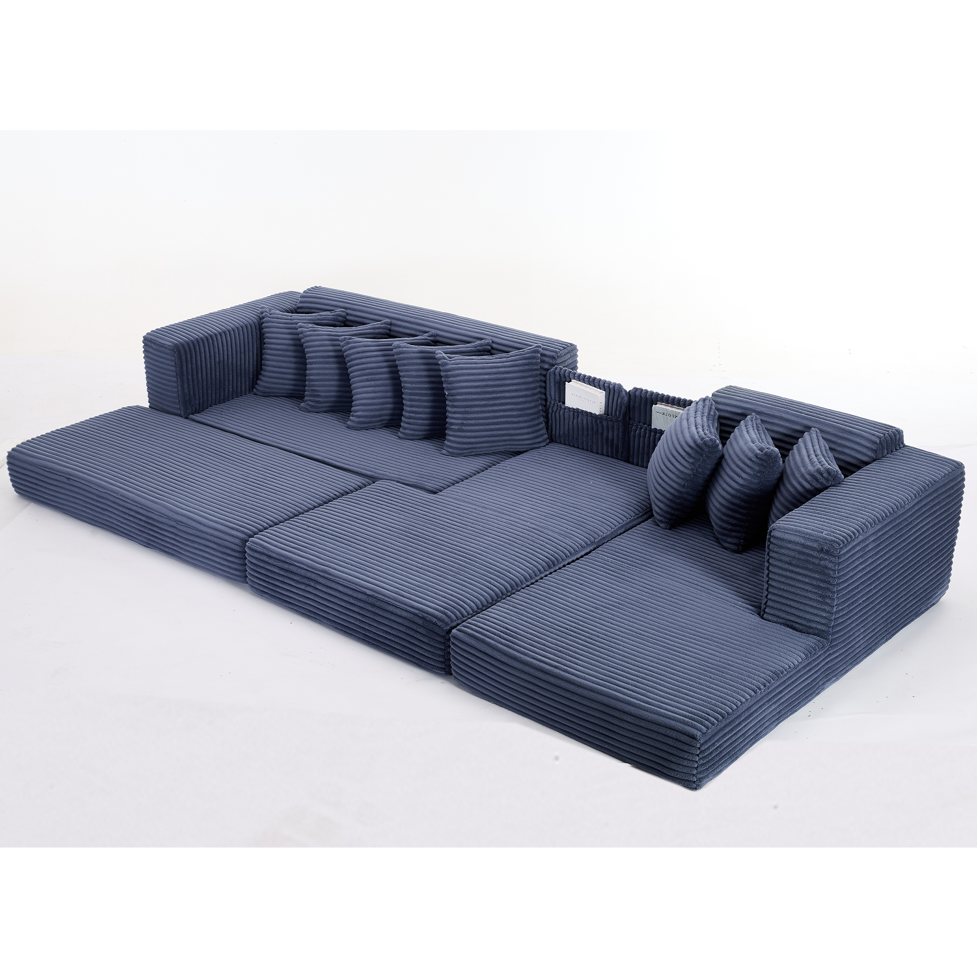 [NEW ARRIVED] [VIDEO PROVIDED] Oversize Cloud Sectional Couch, L-Shape Sofa, Convertible Floor Sleeper Sofa Bed, No Assembly ,Eight pillows,3-in-1,Magazine bag,(Right Facing Sofa),3 Seat,Corduroy,Blue