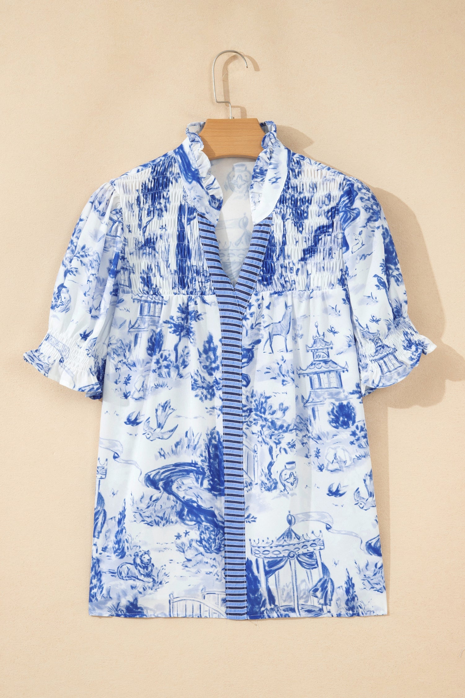 Floral Stripe Contrast V-Neck Puff Sleeve Blouse