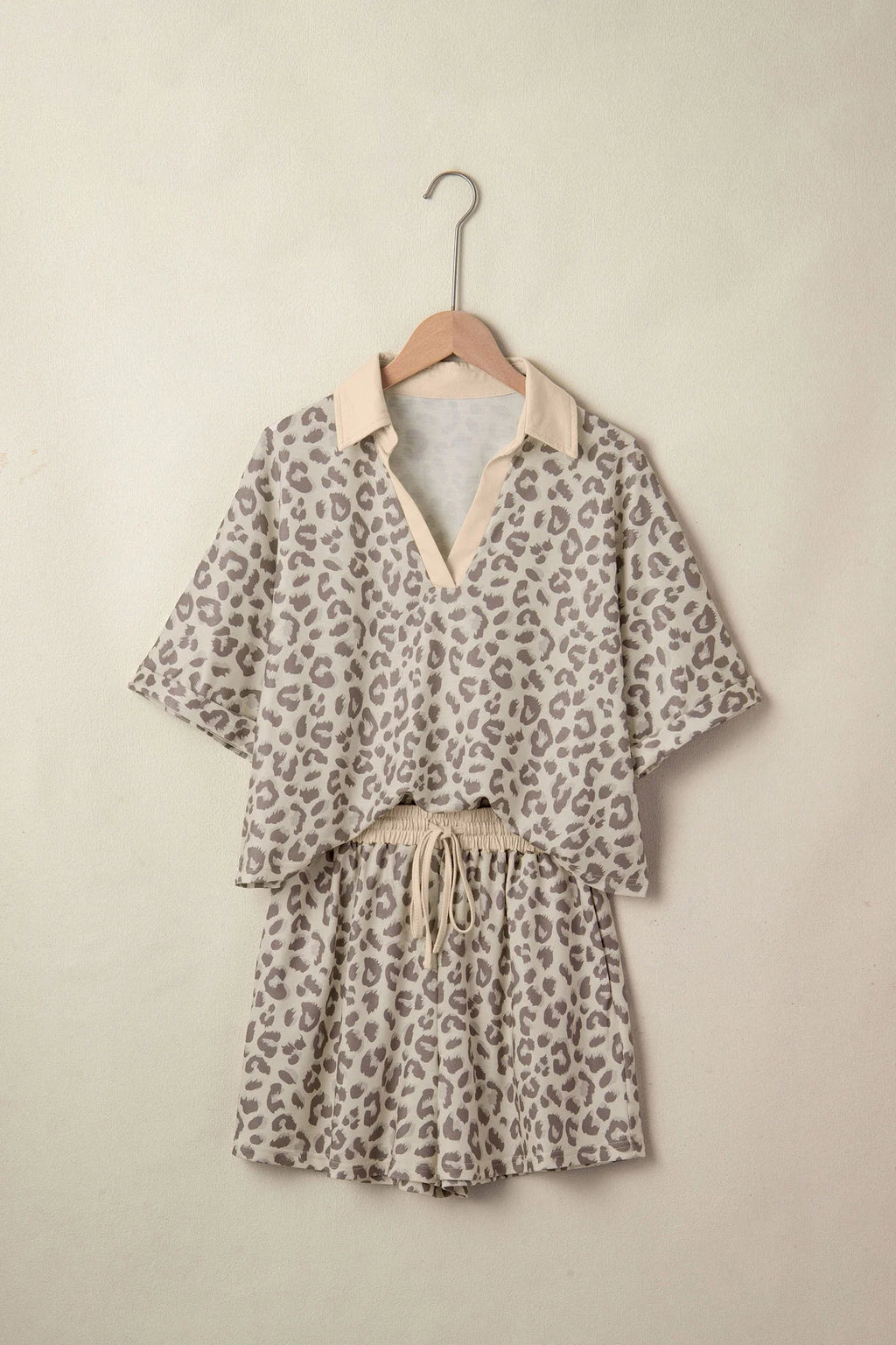 Leopard Collared V-Neck Top & Shorts Set