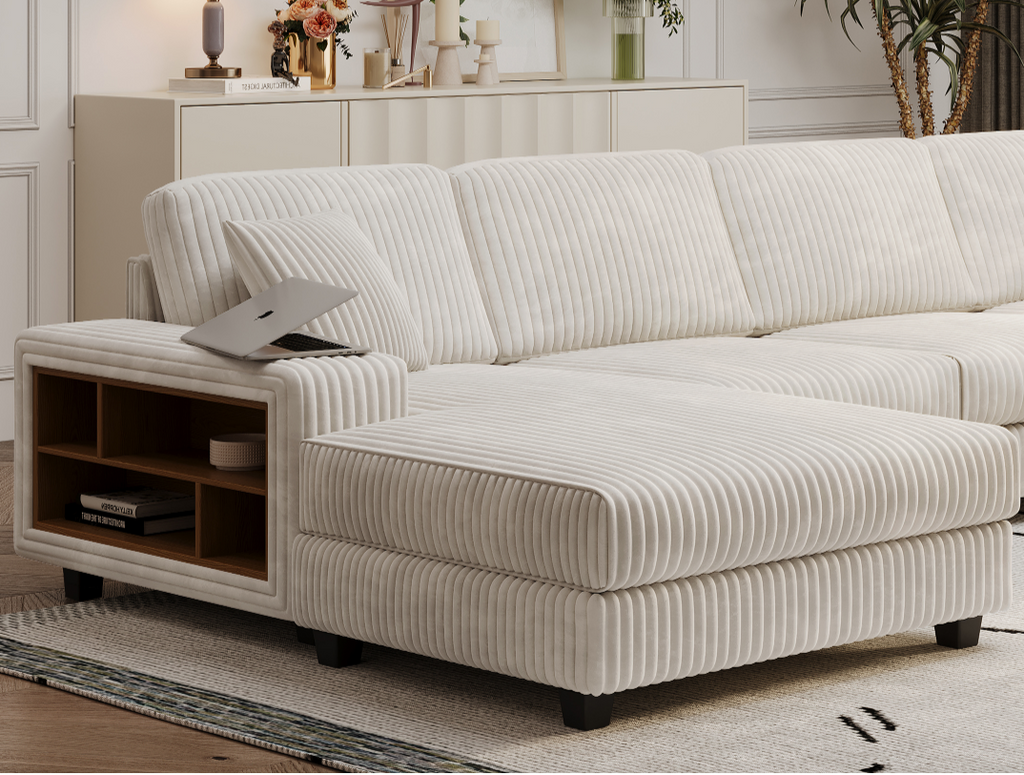 Convertible U-shaped Combination Sofa, Corduroy Fabric, Modern Comfortable Large Size 4 Seat Sofa, Living Room Double Lounge Chair,Beige