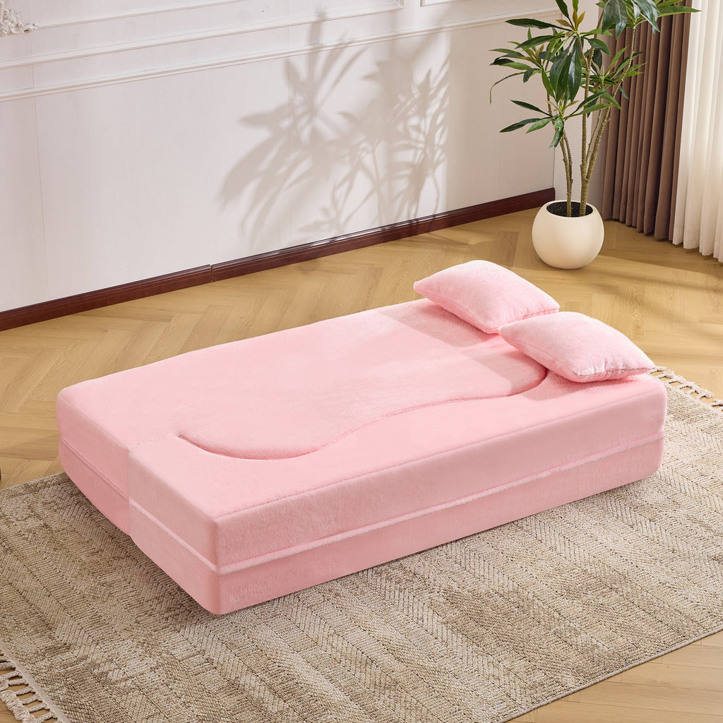 71-inch folding sofa bed, chenille futon sofa bed, high-density foam convertible sofa bed, folding floor sofa bed for living room, guest room, bedroom, pink