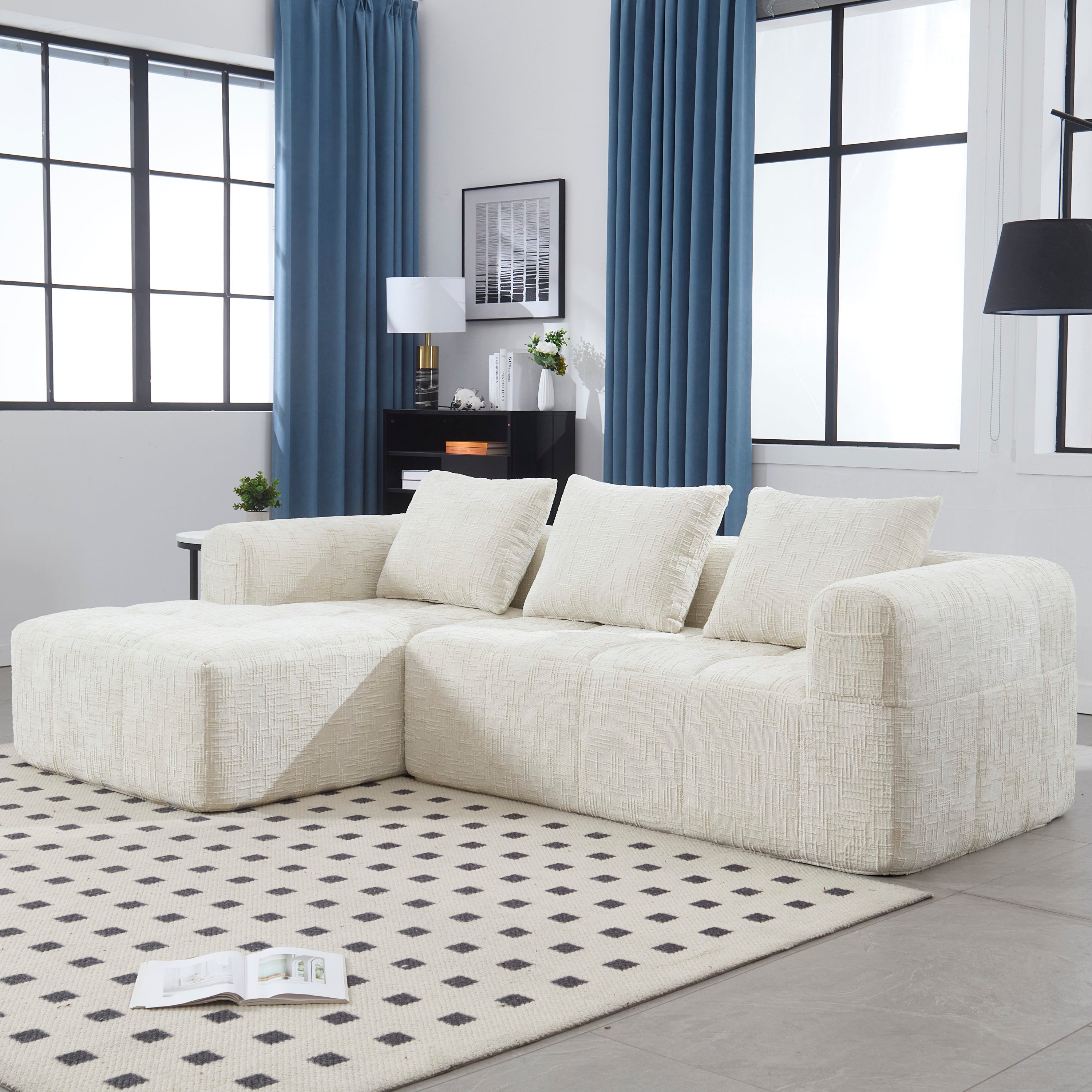 UNITED WE WIN 98.42-inch modular sectional sofa, modern modular L-shaped sofa with chaise longue, equipped with small side pockets and free of compression during installation.