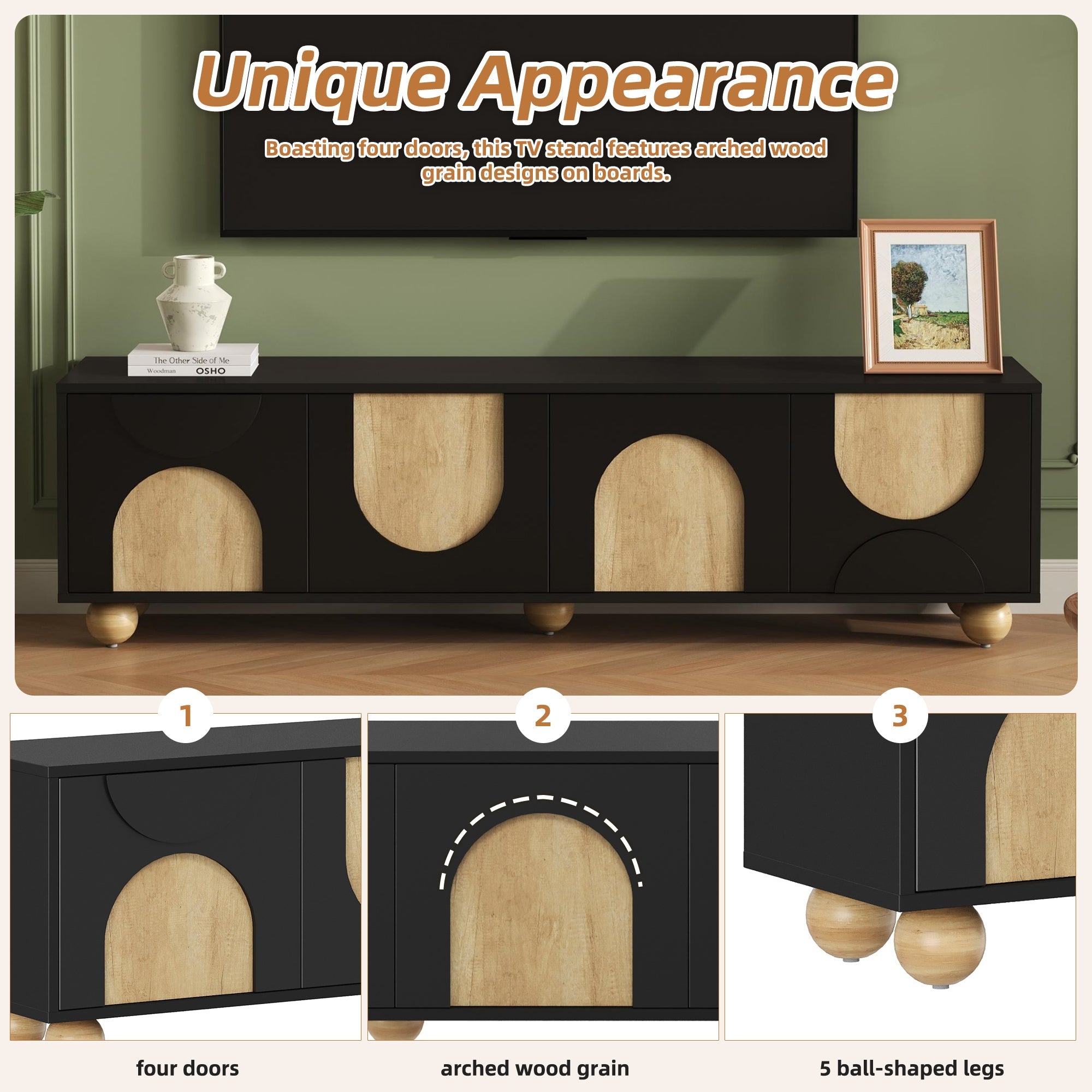 Farmhouse TV Stand with Cable Holes for TVs up to 75', Cream Style Media Console with Rebound Device, Elegant Entertainment Center with 5 Solid Wood Legs for Living Room, Bedroom, Black, 69.6'W
