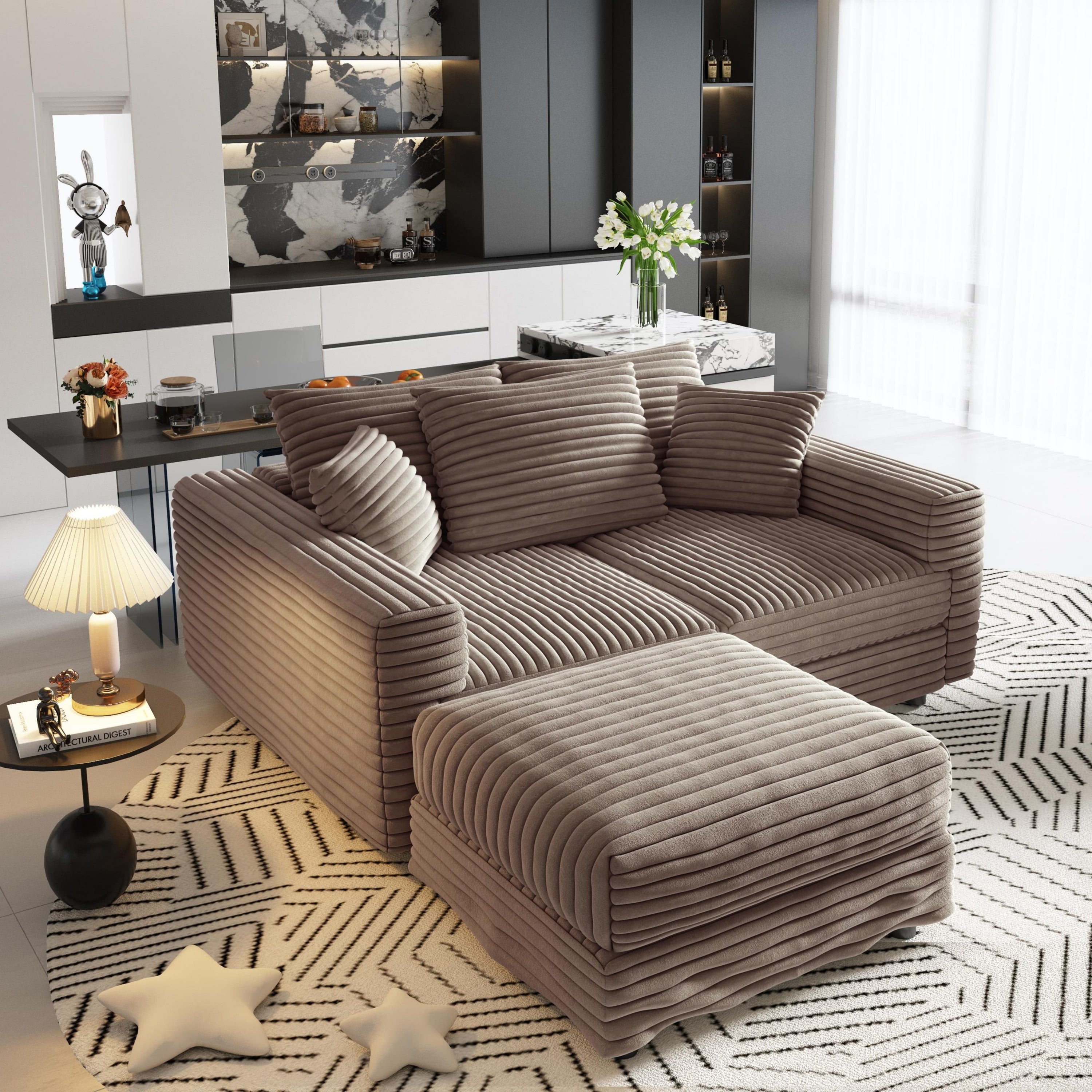 82.7 ' Plush Corduroy 3-Seat Sofa, Modern Comfy Upholstered Sofa Cloud Couch, Deep Seat Couches with Soft Pillows and 1 Ottomans, Convertible Sofa Lounge Chair, for Living Room,Apartment,Office,Camel