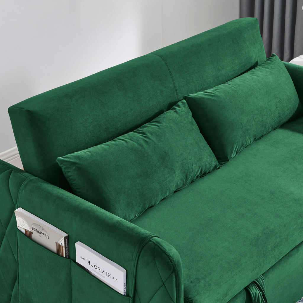 55' Modern Convertible Sofa Bed with 2 Detachable Arm Pockets, Velvet Loveseat Sofa with Pull Out Bed, 2 Pillows and Living Room Adjustable Backrest, Grid Design Armrests