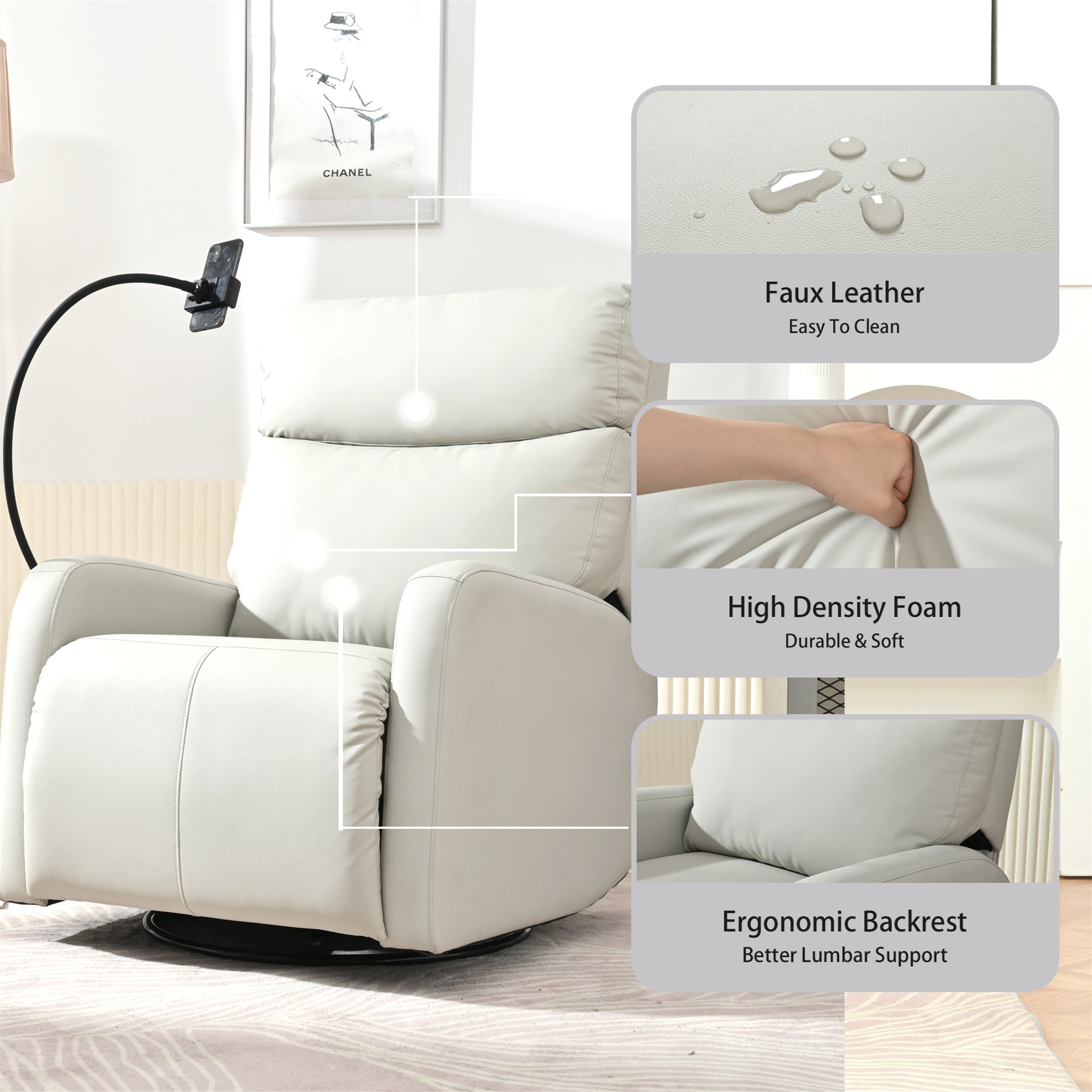 Rocking Recliner Chair, 360° Swivel Nursery Rocking Chair, Glider Chair, Modern Small Rocking Swivel Recliner Chair, Home Theater Seat, Phone Holder (Light Gray+360° Swivel)
