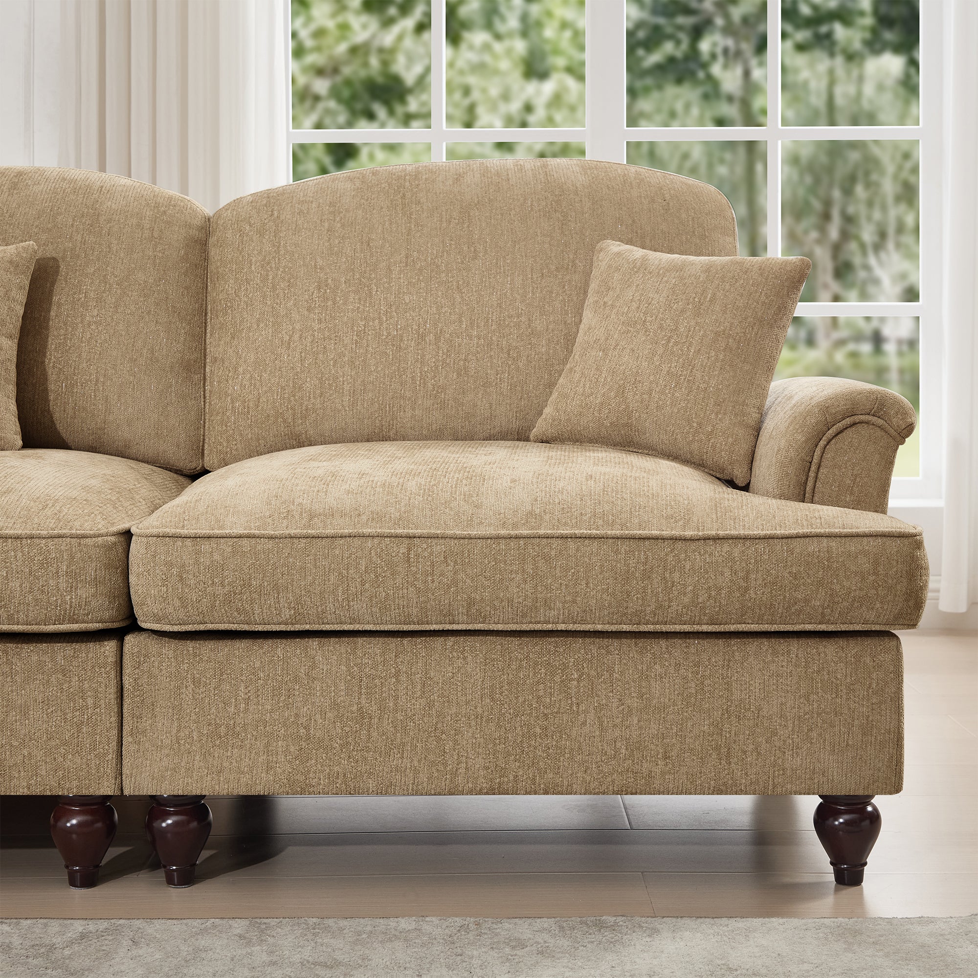Elegant Mid Century Large 4 Seater Sofa Couch with Flared Arms and Removable Ruffles Pleats Skirts and Spindle Legs, Comfy Chenille Four-Seat Sofa for Living Room, Light Coffee