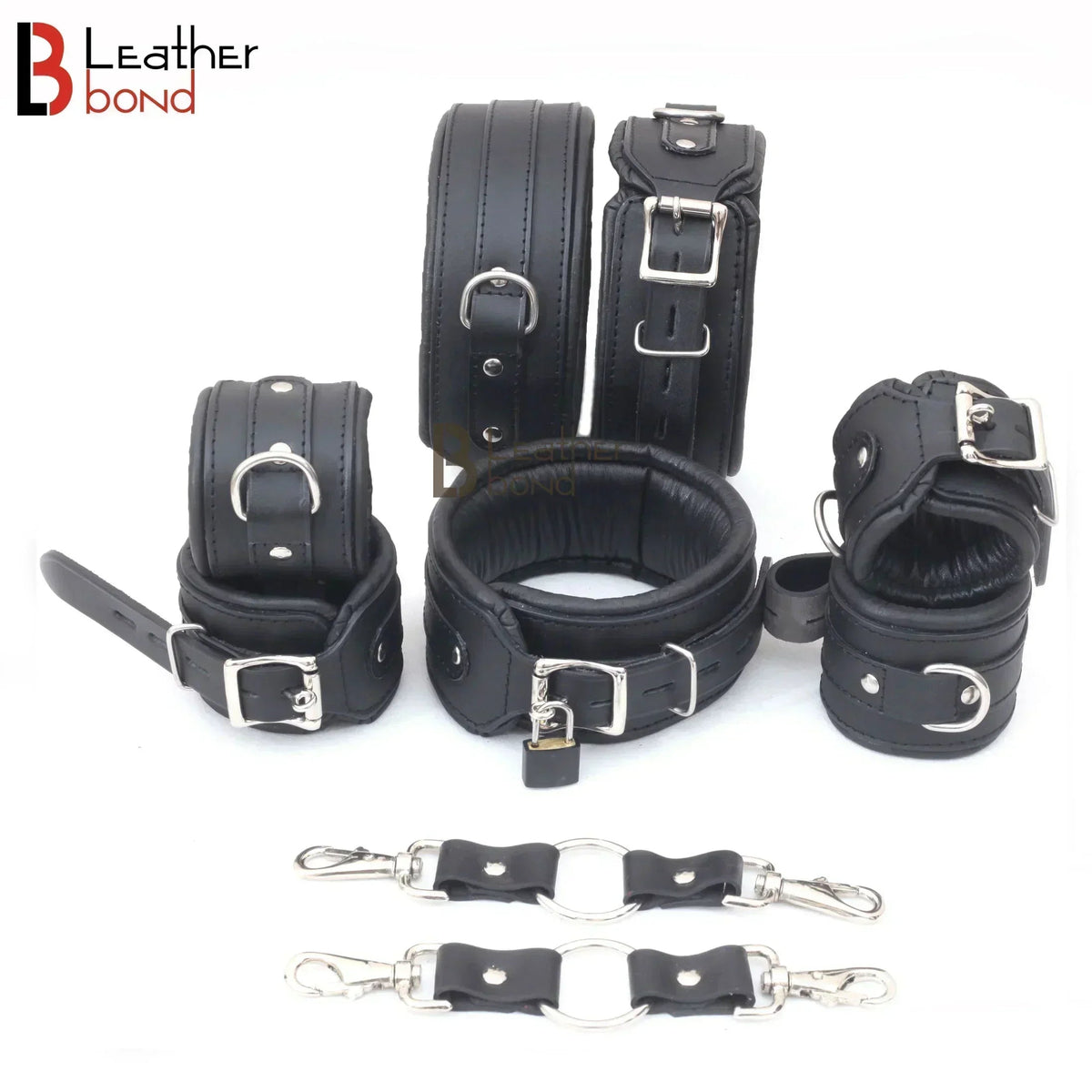 Beginner's Leather Bondage Kit Wrist, Ankle & Thigh Cuffs, Collar, Flogger, Paddle, Blindfold & Leash | Black