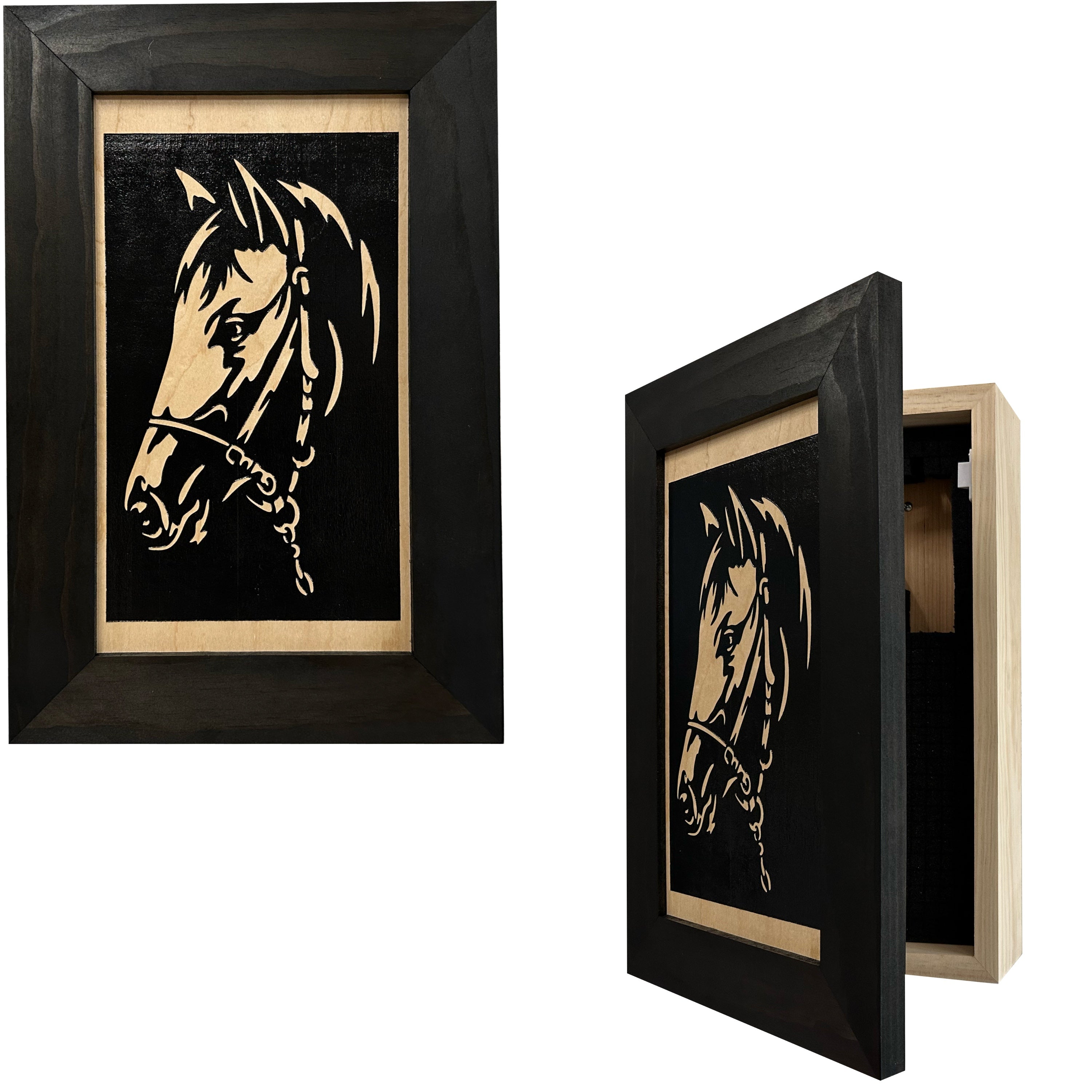 Hidden Gun Safe Black Horse Wall Art Decoration - Secure Gun Cabinet by Bellewood Designs
