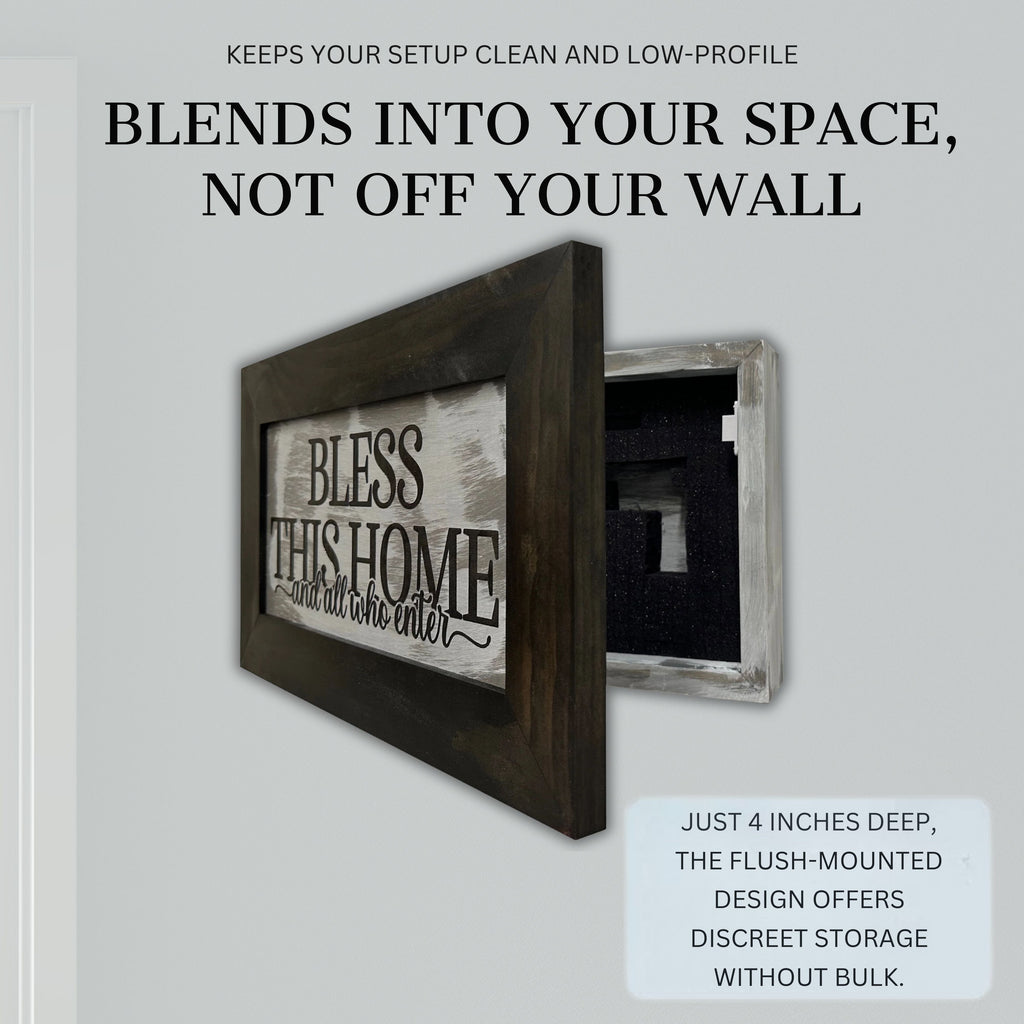 Wood Gun Cabinet - Bless This Home And All Who Enter Wall Gun Cabinet - Hidden Wall Storage - Hidden Gun Safe - Handcrafted Gun Concealment Furniture - Hidden Gun Storage by Bellewood Designs