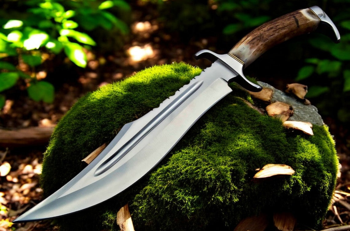 Bowie Knife With Antler Handles – 14" D2 Steel Blade With Blood Groove & Antler Handle