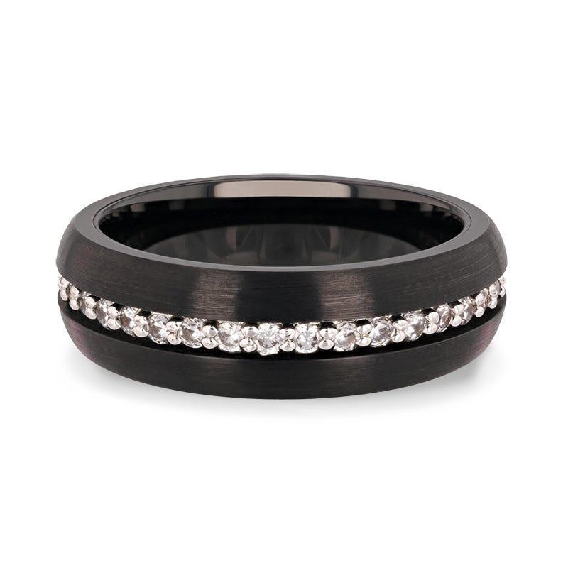 TSAR Black Tungsten Carbide Ring, Domed Brushed Finish with White Sapphires – 8mm