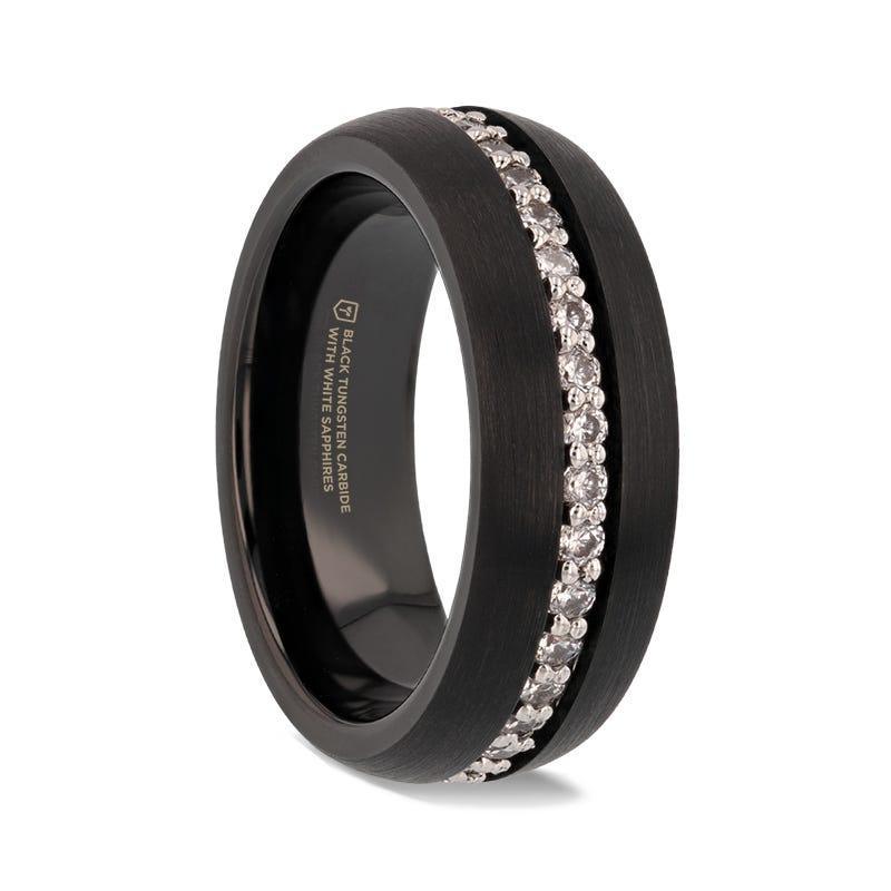 TSAR Black Tungsten Carbide Ring, Domed Brushed Finish with White Sapphires – 8mm