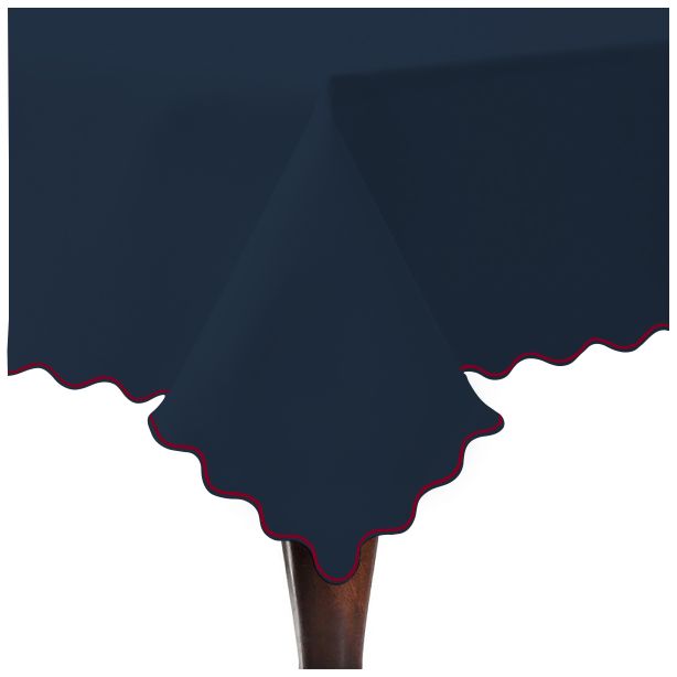 Scallop Embroidery Sateen Cotton Solid Table Cloth - Navy