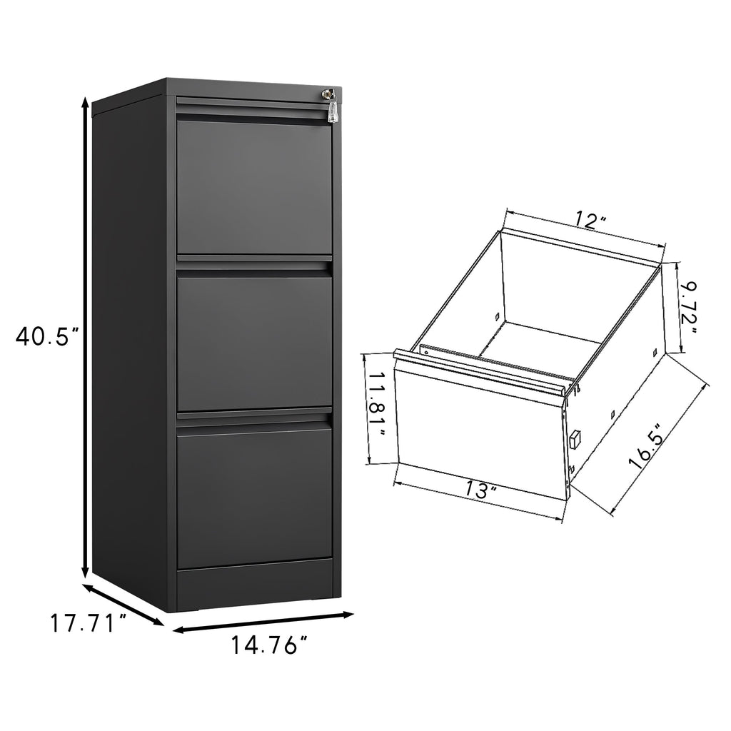 Durable Metal 3 Drawer File Cabinet with Lock for Office Storage, Black, 14.65x17.71x40.50 inches