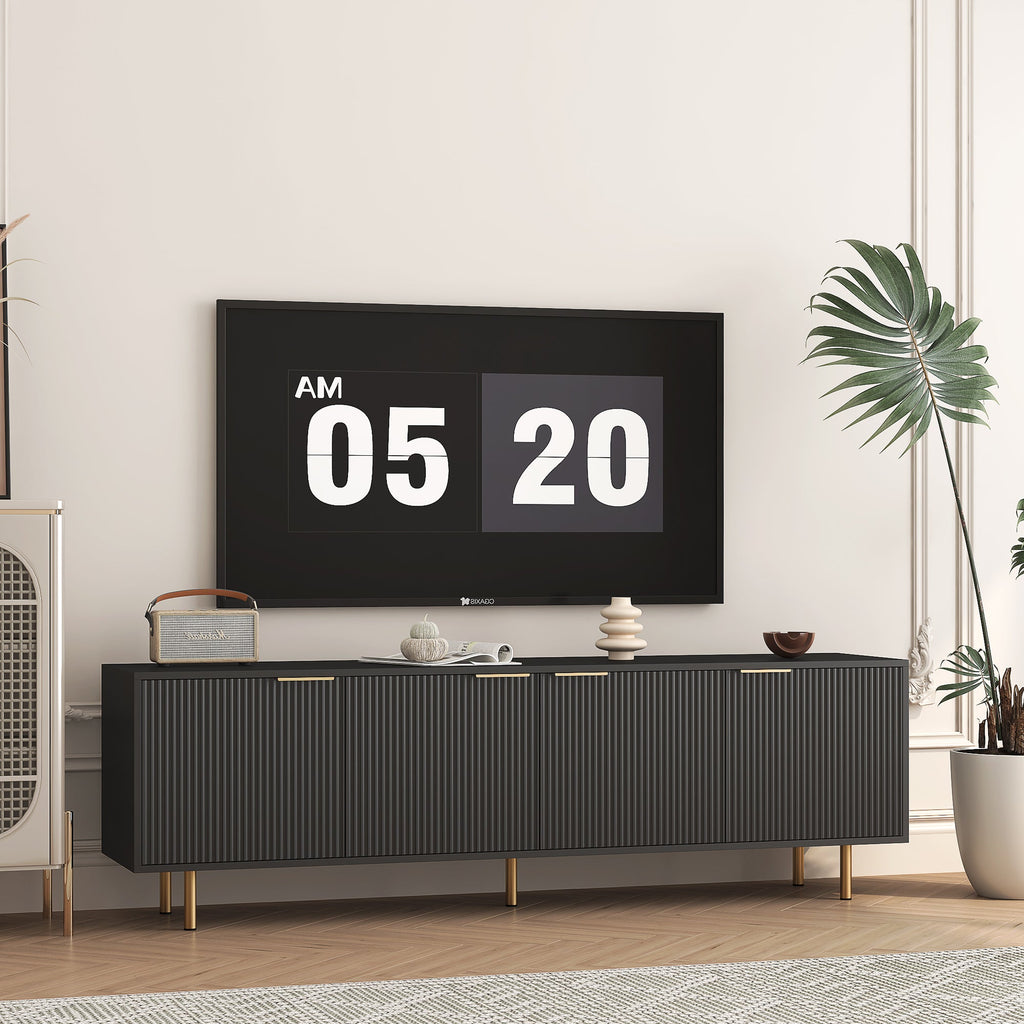 Black  Modern TV Stand Fluted 68' , Entertainment Center with Storage Doors, TV Console Media Cabinet,  for 55+ Inch TV, Living Room