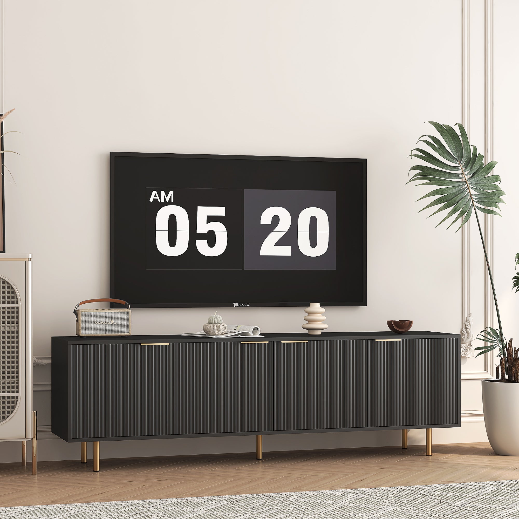 Black  Modern TV Stand Fluted 68' , Entertainment Center with Storage Doors, TV Console Media Cabinet,  for 55+ Inch TV, Living Room