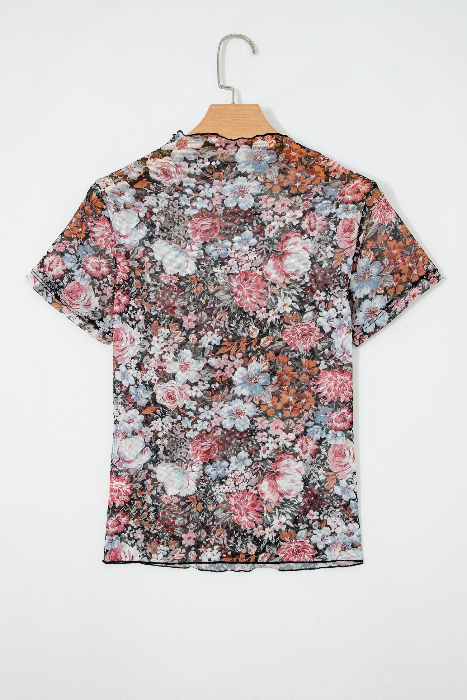 Floral Mesh Mock Neck Short Sleeve Top