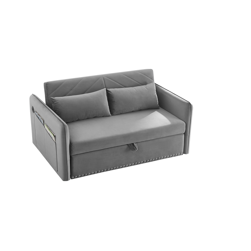 MH' Sleeper Sofa Bed w/USB Port, 3-in-1 adjustable sleeper with pull-out bed, 2 lumbar pillows and side pocket, soft velvet convertible sleeper sofa bed, suitable for living room bedroom