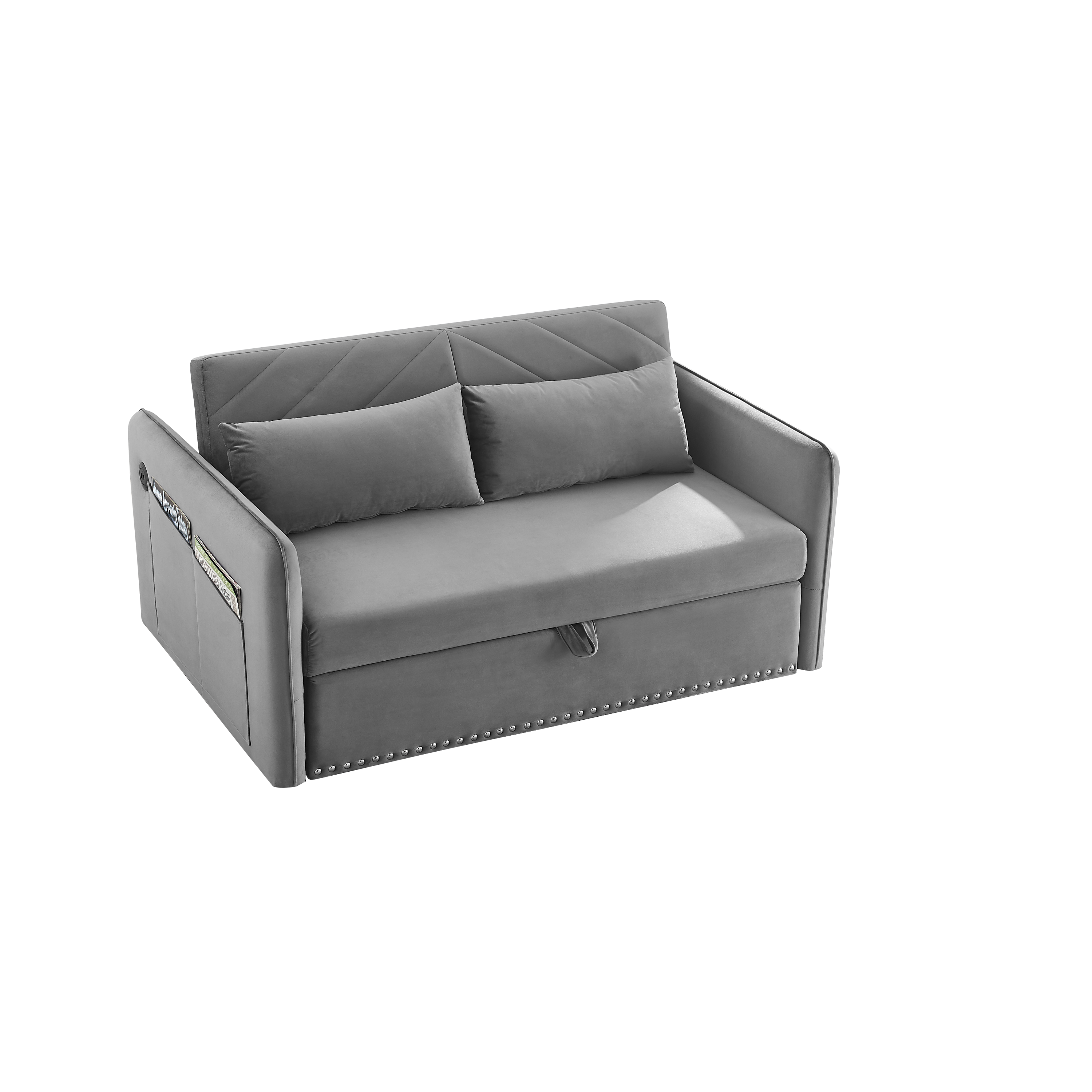 MH' Sleeper Sofa Bed w/USB Port, 3-in-1 adjustable sleeper with pull-out bed, 2 lumbar pillows and side pocket, soft velvet convertible sleeper sofa bed, suitable for living room bedroom
