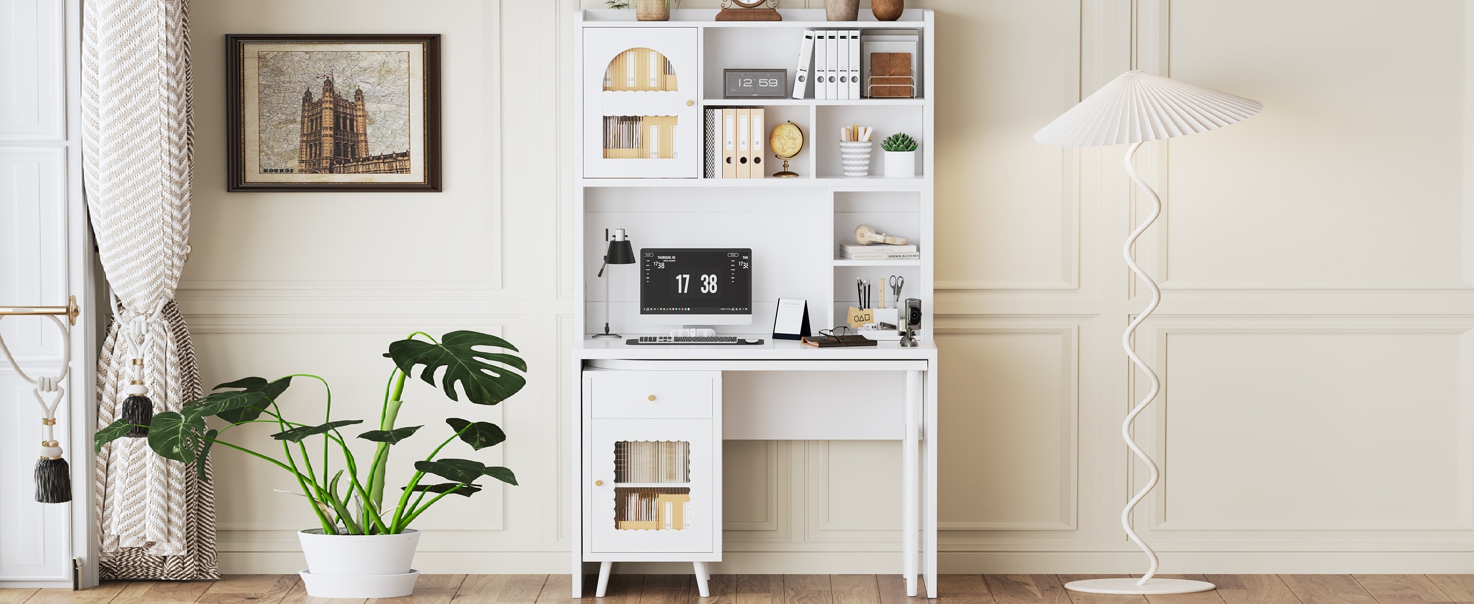 Computer Desk with 90 Degree Rotating Desktop, 43x70 Inch Office Desk with Storage Drawer and Cabinets, Gaming Desk with Shelves, Writing Desk for Study, Work Desk for Home Office Bedroom Living Room