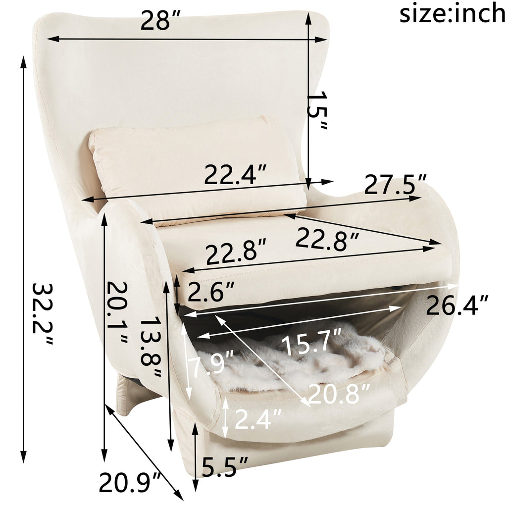 Furniture Style 2 in 1 Pet Friendly  Modern Velvet Lounge Chair, Upholstered  Back Accent Chair Leisure Single Sofa Chair for Living Room Office, White
