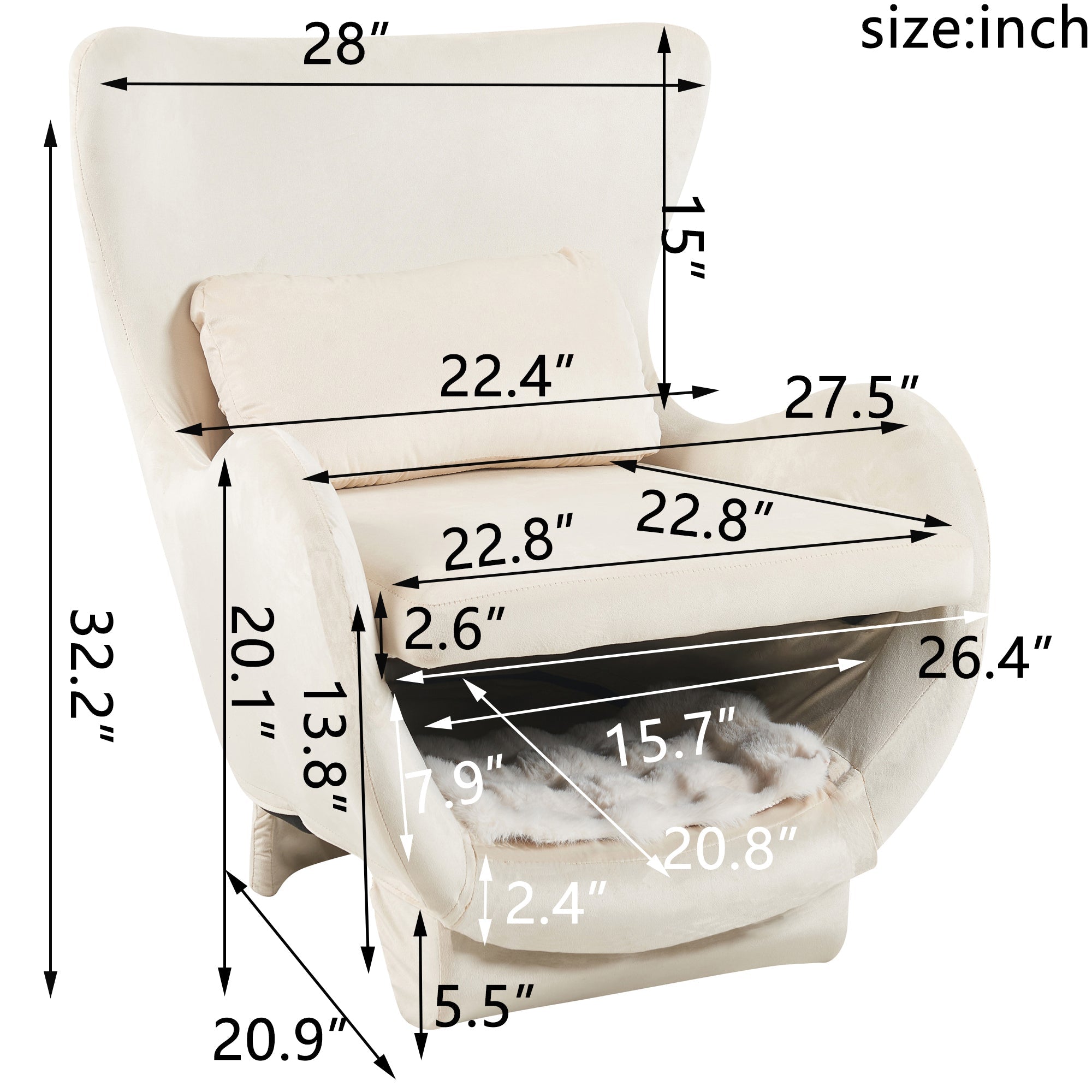 Furniture Style 2 in 1 Pet Friendly  Modern Velvet Lounge Chair, Upholstered  Back Accent Chair Leisure Single Sofa Chair for Living Room Office, White