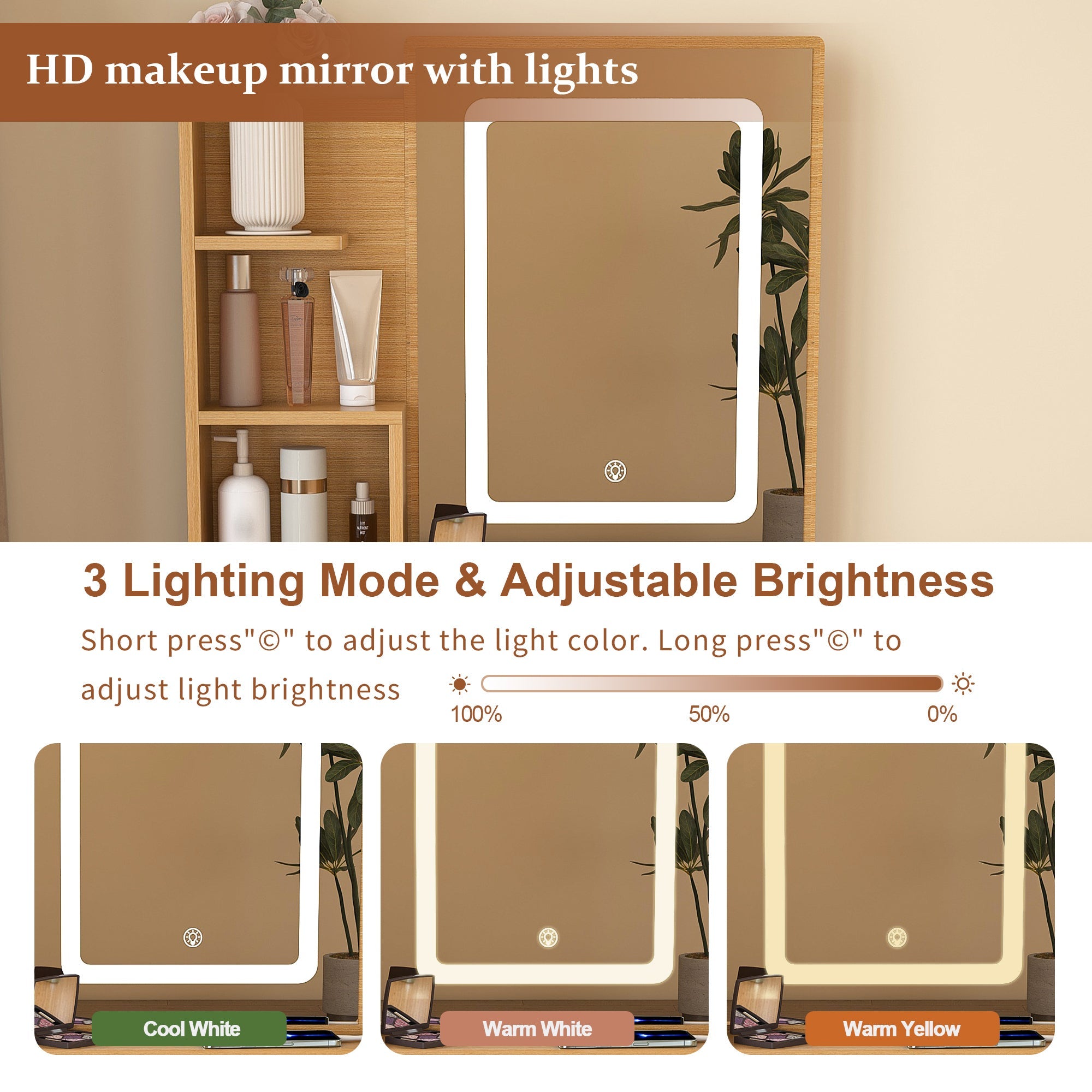 Modern Wood Vanity Table with LED Mirror, Power Outlet, Hairdryer Holder & Padded Stool – Compact Dressing Desk for Small Bedrooms
